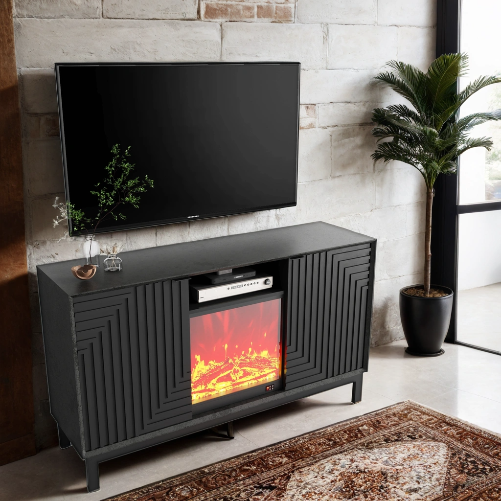 Pefelife Fireplace TV Stand with Unique Z-Shaped Door Mid Century Modern Cabinet