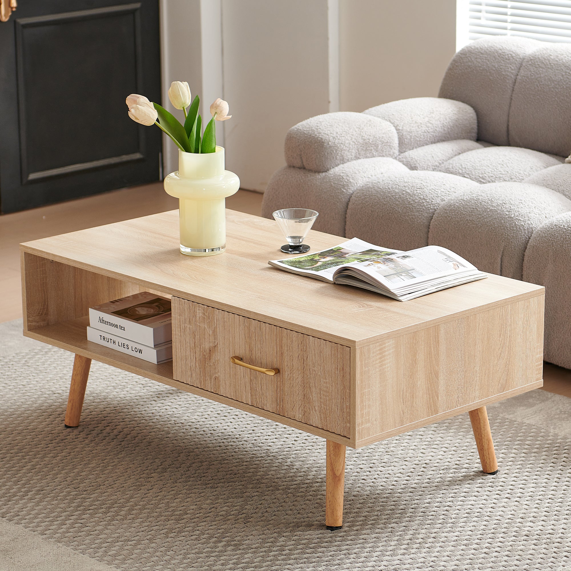 Pefelife Coffee Table with Storage and Sliding Rattan Door Panel, Natural Tabletop