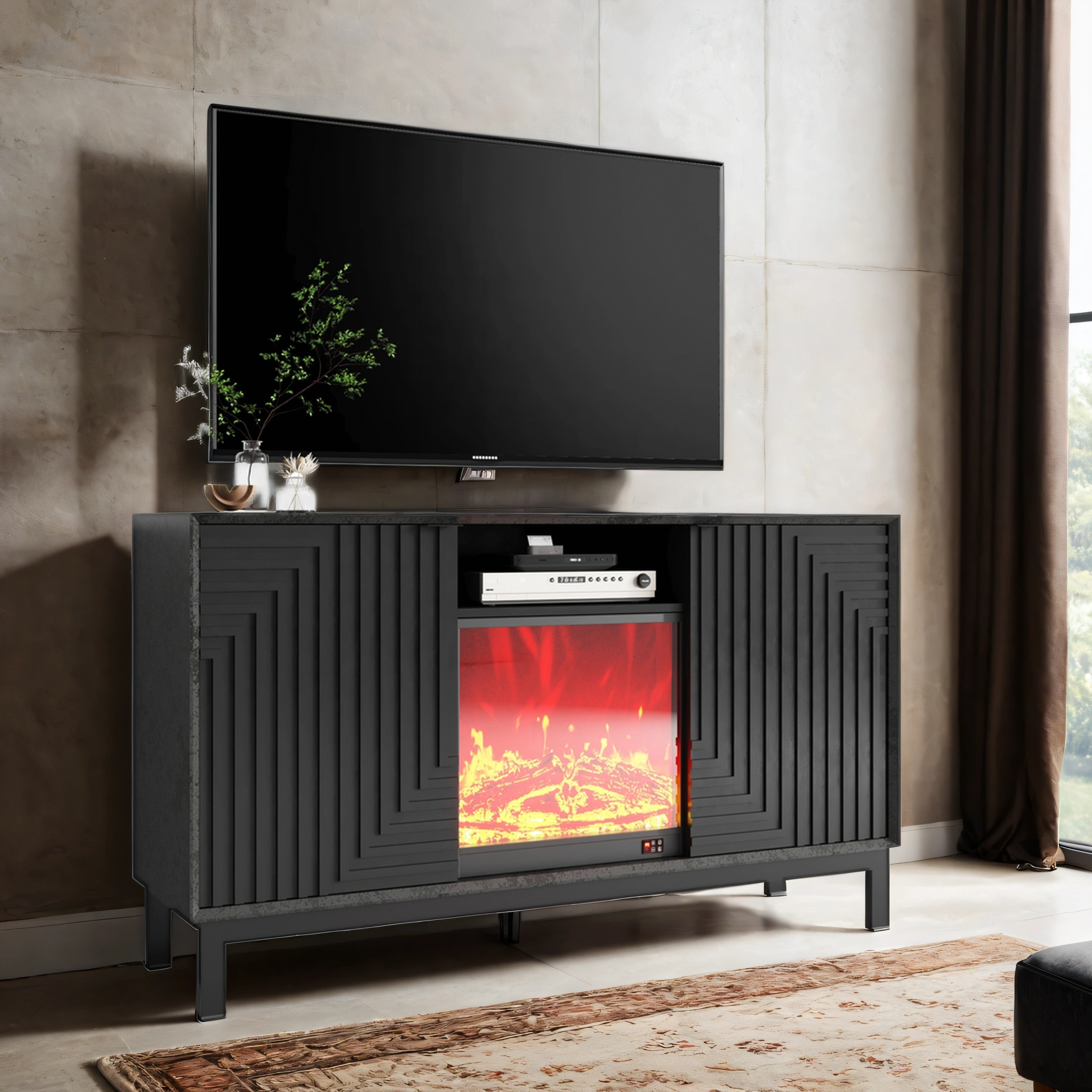 Pefelife Fireplace TV Stand with Unique Z-Shaped Door Mid Century Modern Cabinet
