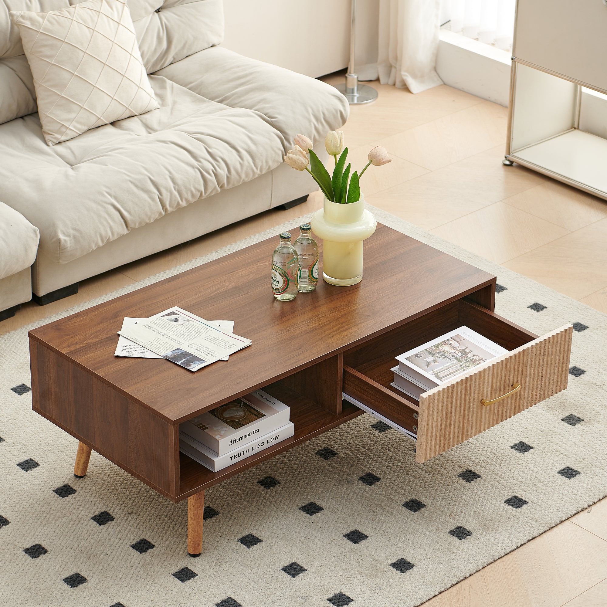 Pefelife Coffee Table with Storage and Sliding Rattan Door Panel, Walnut Tabletop