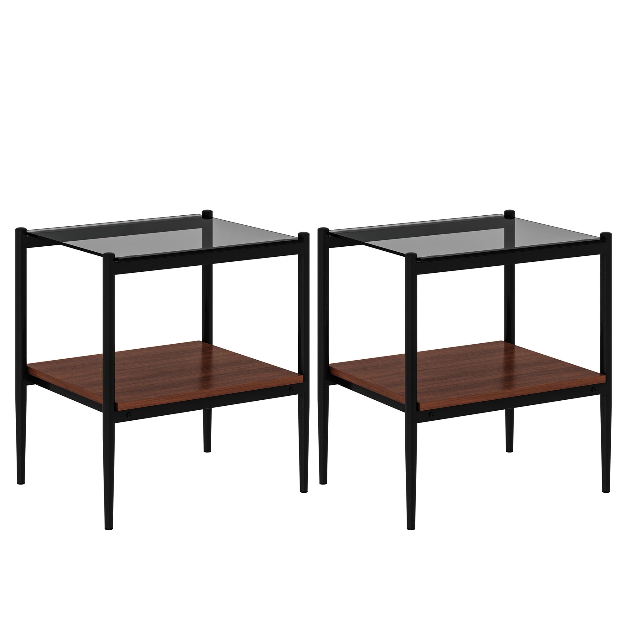 Pefelife Tempered Glass End Table Set of 2 with Wooden Storage Shelf
