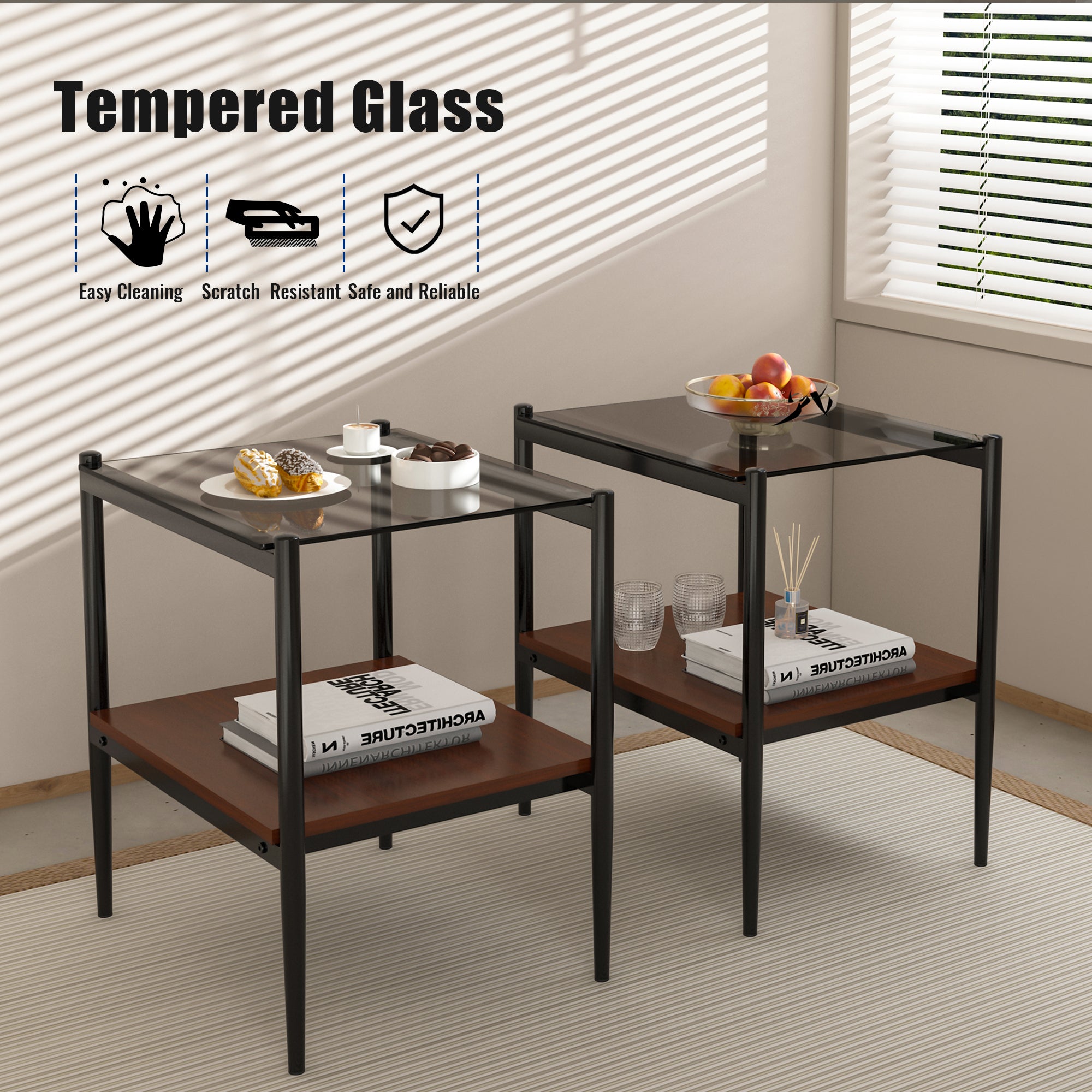 Pefelife Tempered Glass End Table Set of 2 with Wooden Storage Shelf