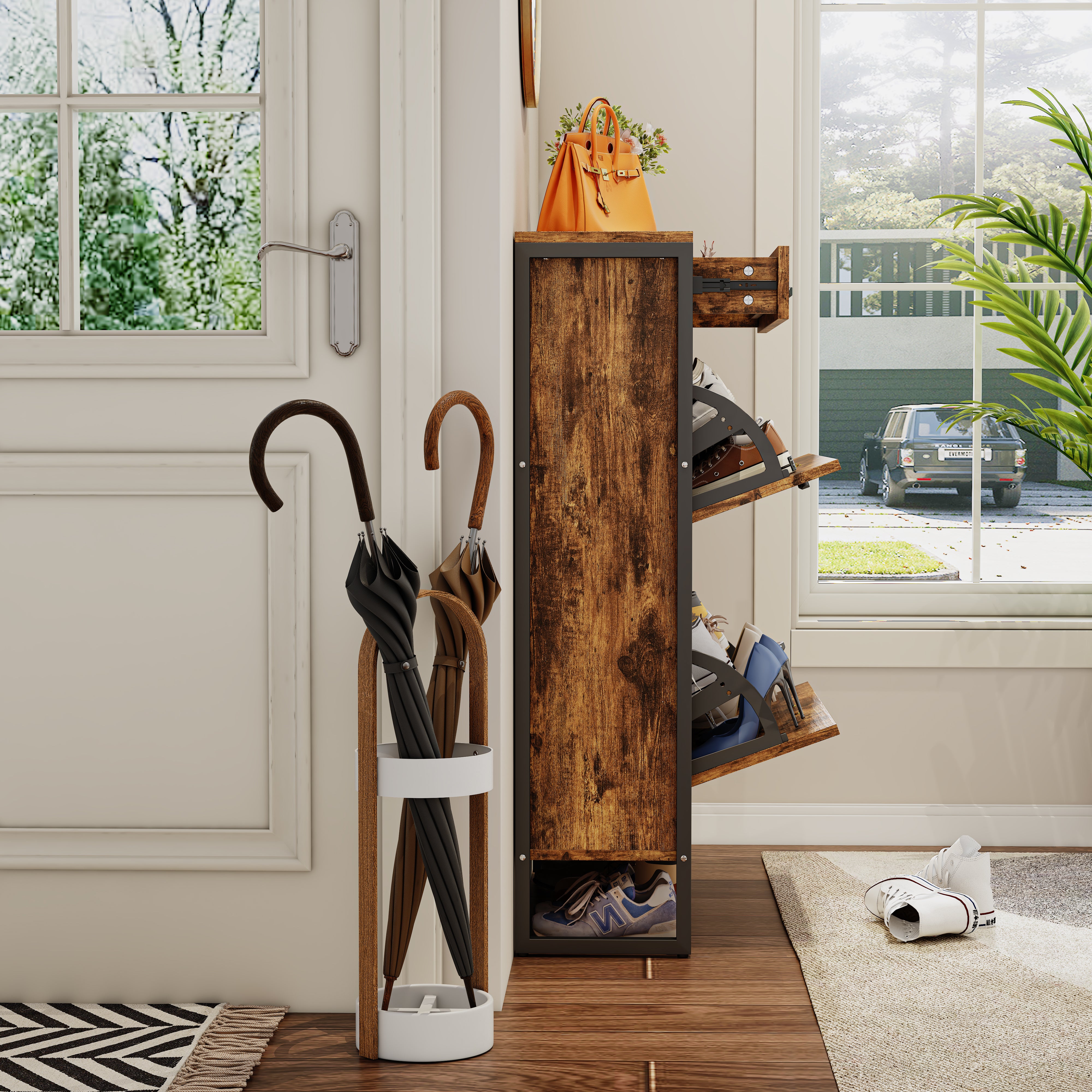 Pefelife Freestanding Shoe Storage Cabinet, 2 Flip Drawers & Top Drawer for Entryway