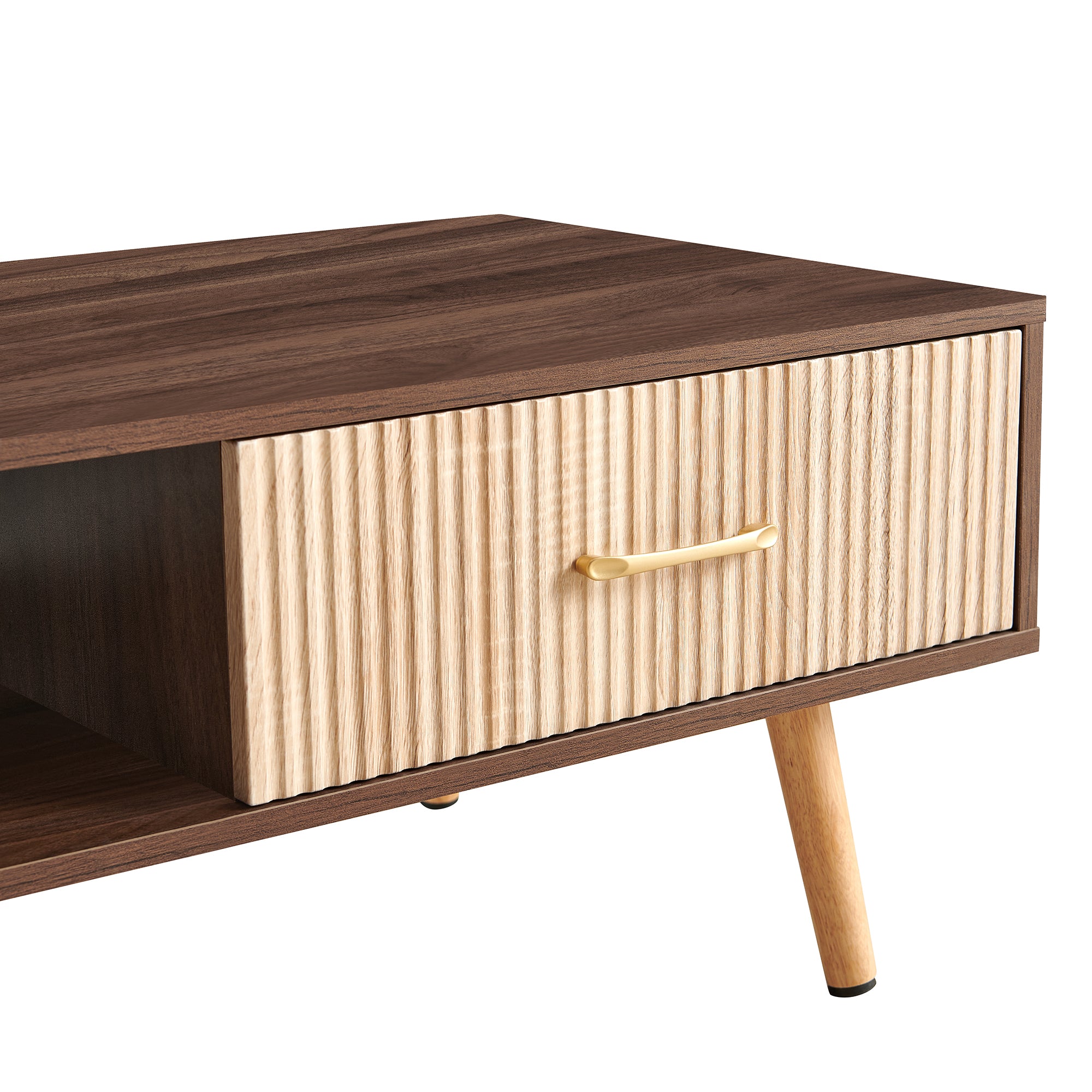 Pefelife Coffee Table with Storage and Sliding Rattan Door Panel, Walnut Tabletop