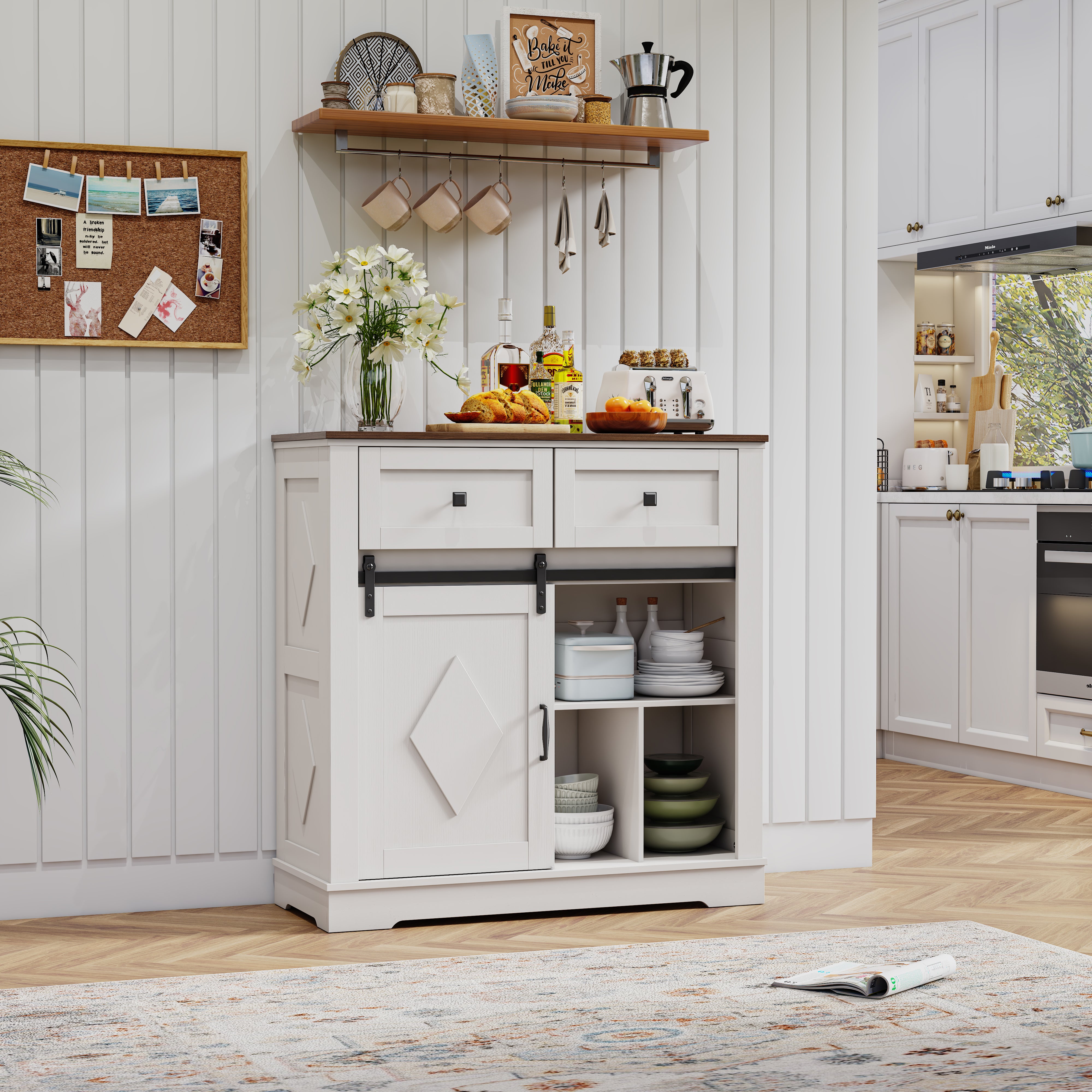 Pefelife Farmhouse Coffee Bar, Wood Accent Floor Cupboard Cabinet Antique White