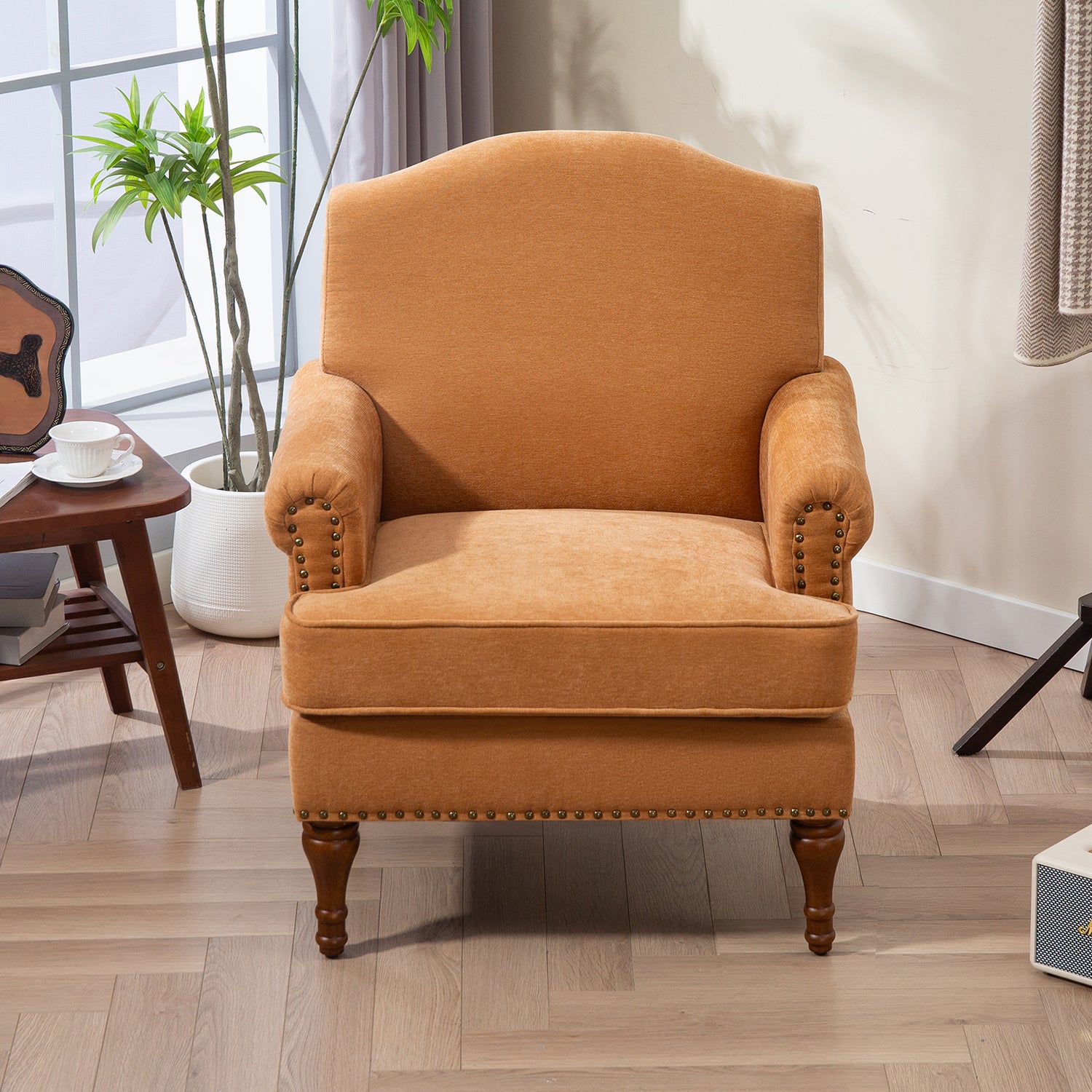 Pefelife Accent Chair Nailhead Chenille Trim Armchair with Wood Legs