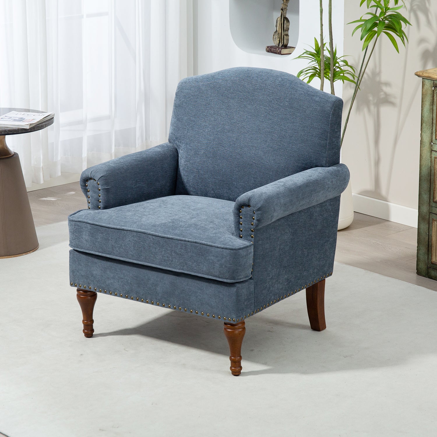 Pefelife Accent Chair Nailhead Chenille Trim Armchair with Wood Legs