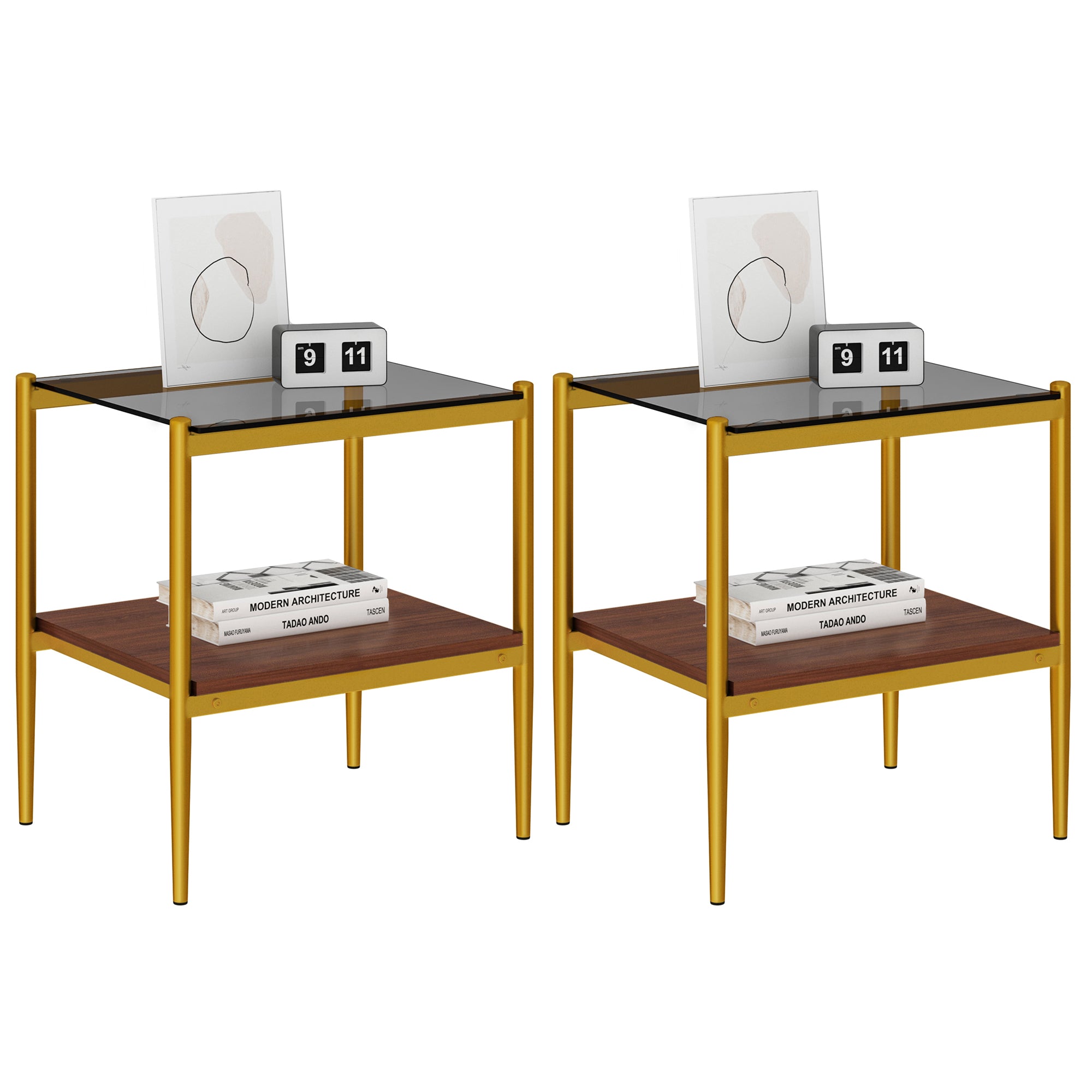 Pefelife Tempered Glass End Table Set of 2 with Wooden Storage Shelf