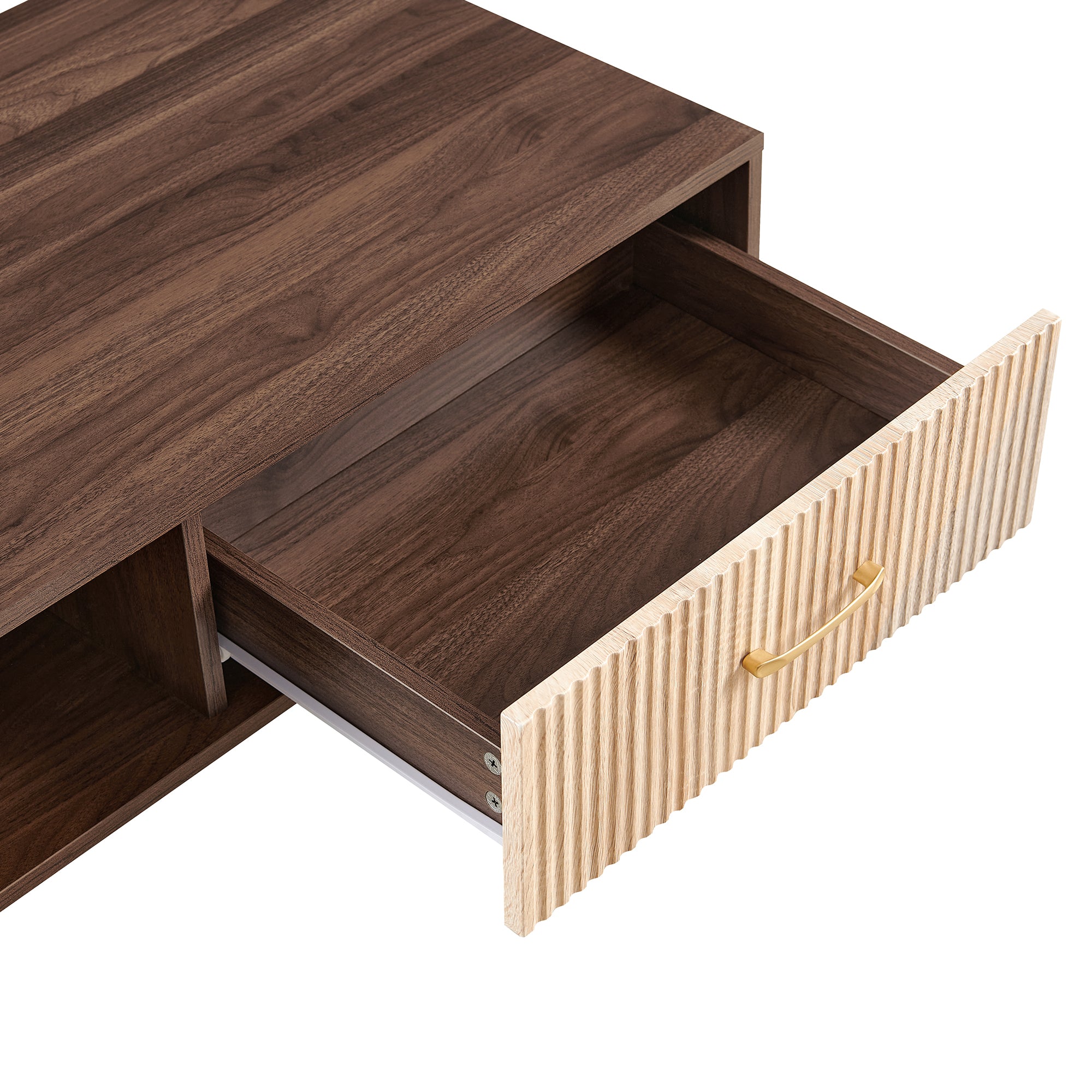 Pefelife Coffee Table with Storage and Sliding Rattan Door Panel, Walnut Tabletop