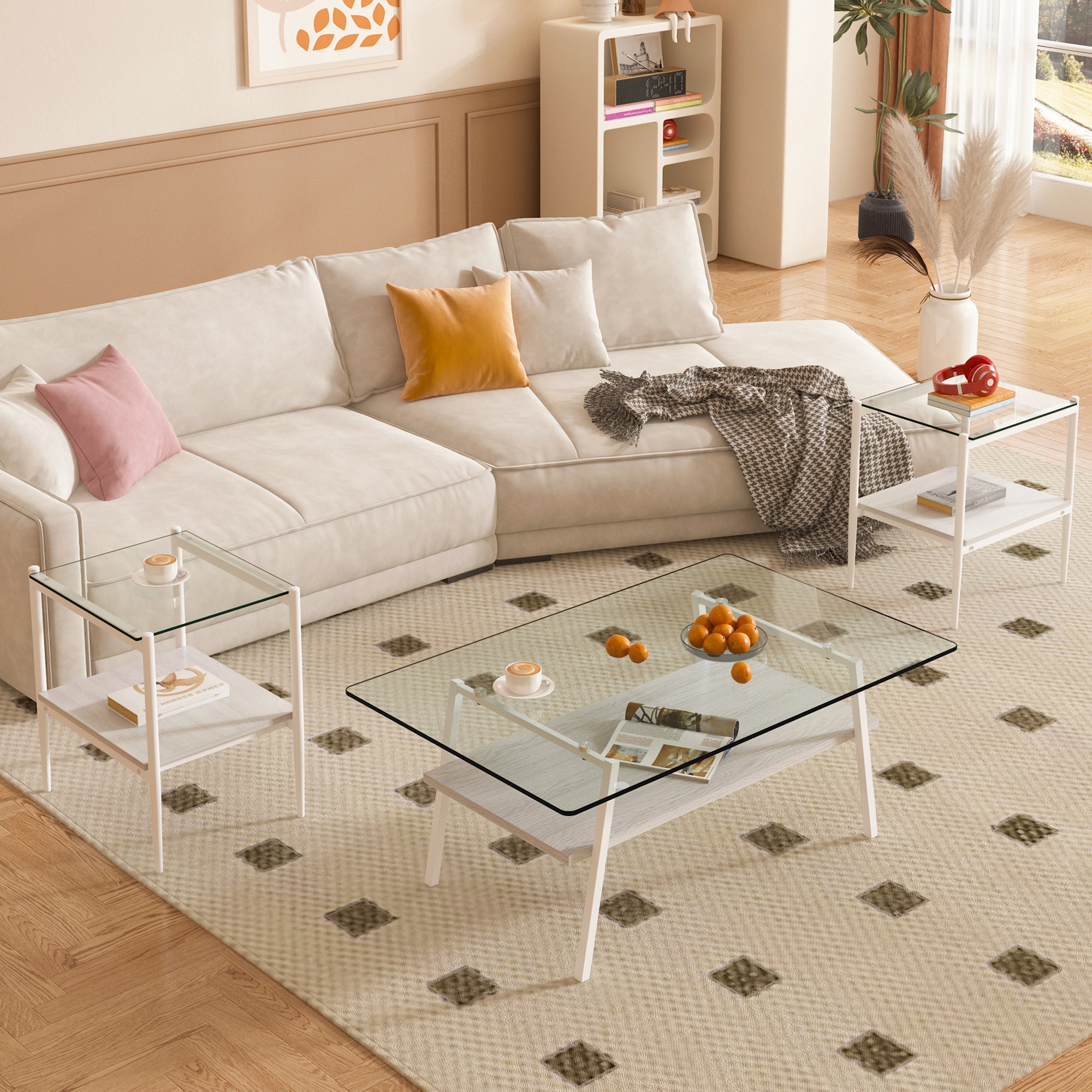 Pefelife Coffee Table Set and End Tables Set with Tempered Glass Tabletop and Metal Frame