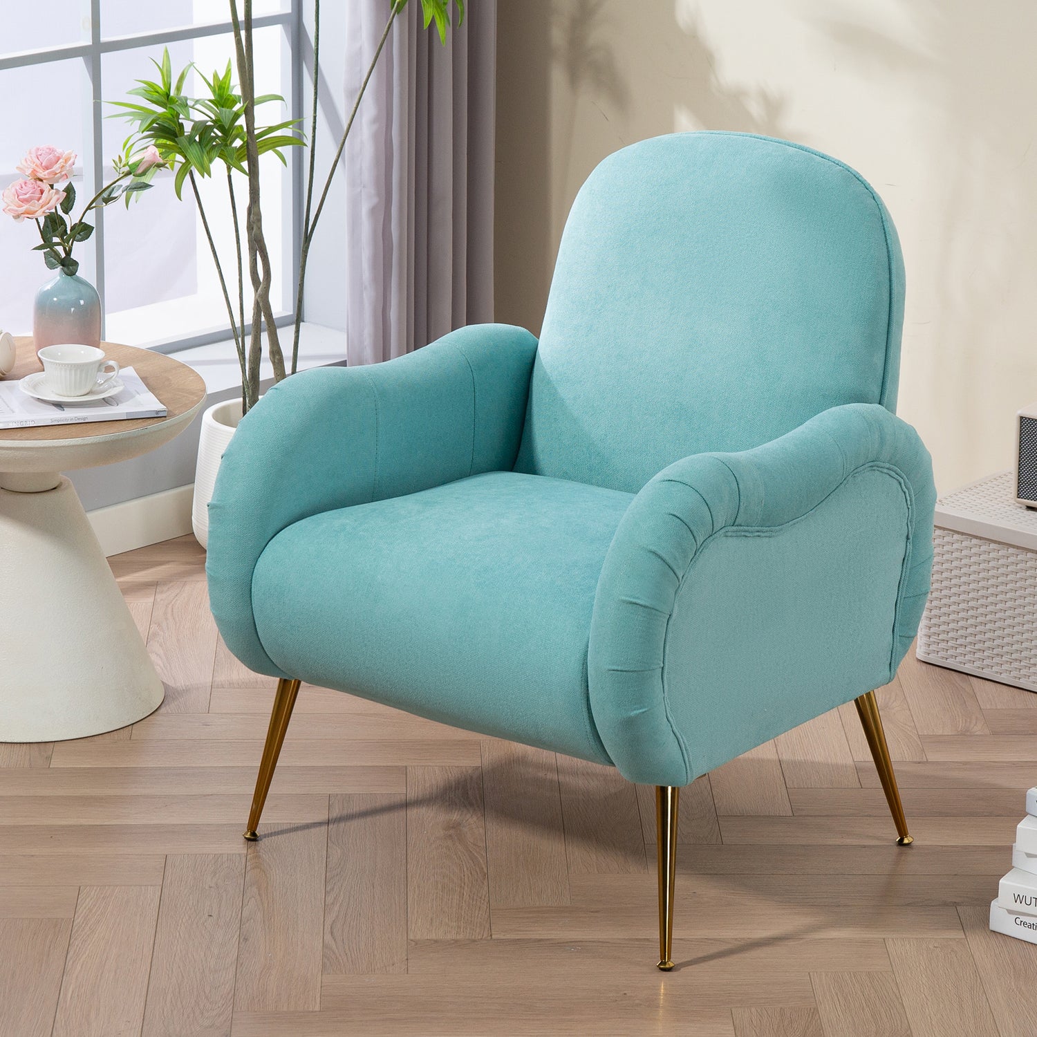 Pefelife Accent Upholstered Single Chair White Sherpa Armchair with Golden Legs
