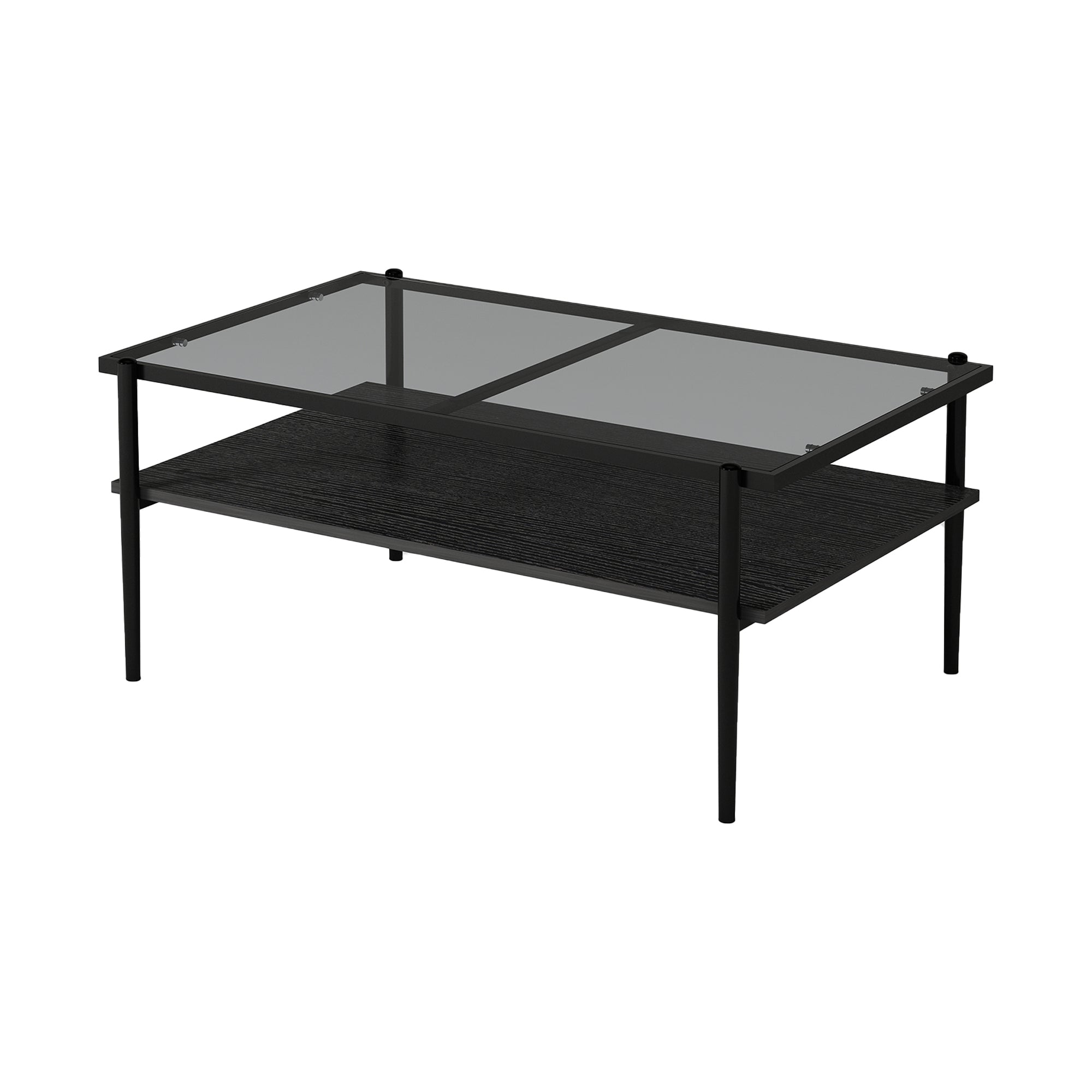 Pefelife Rectangular Tempered Glass Coffee Table with Double-Layer Storage Shelf