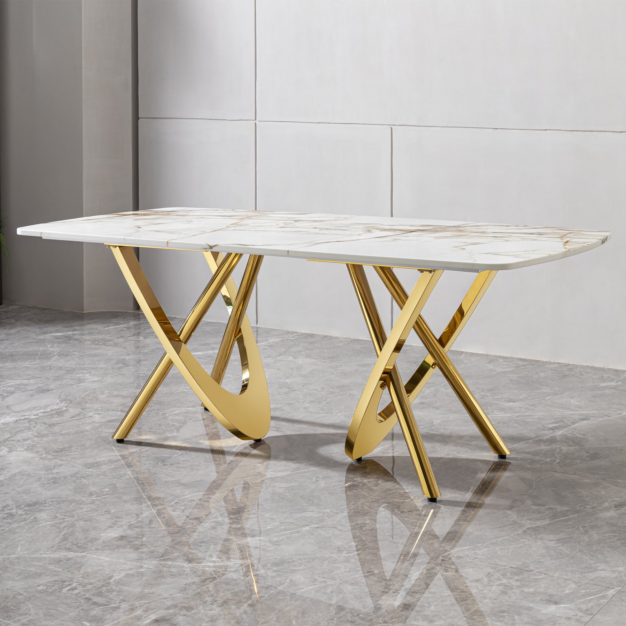 Pefelife Rectangular Marble Dining Table, 6-8 Seater, Gold Stainless Steel Legs