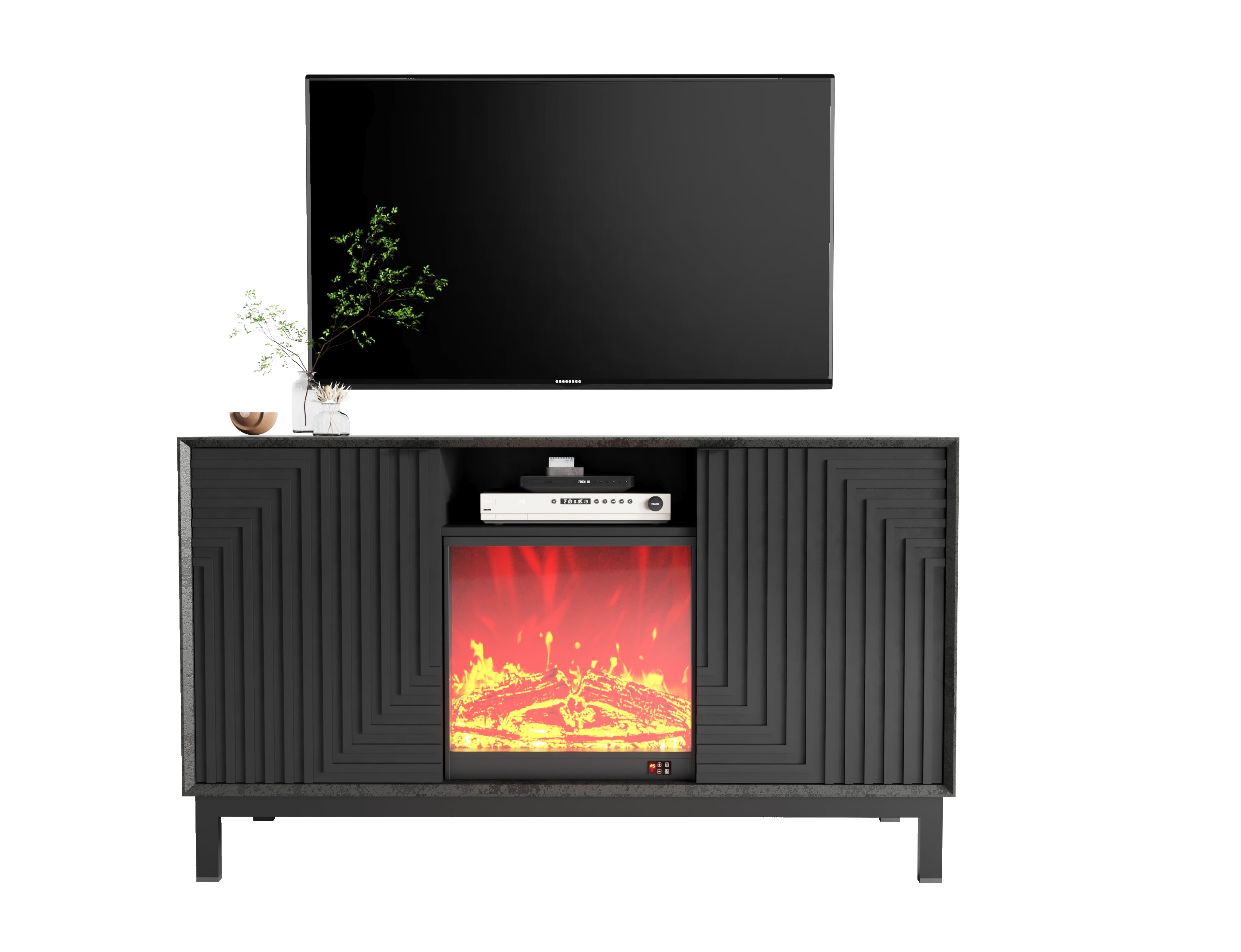 Pefelife Fireplace TV Stand with Unique Z-Shaped Door Mid Century Modern Cabinet