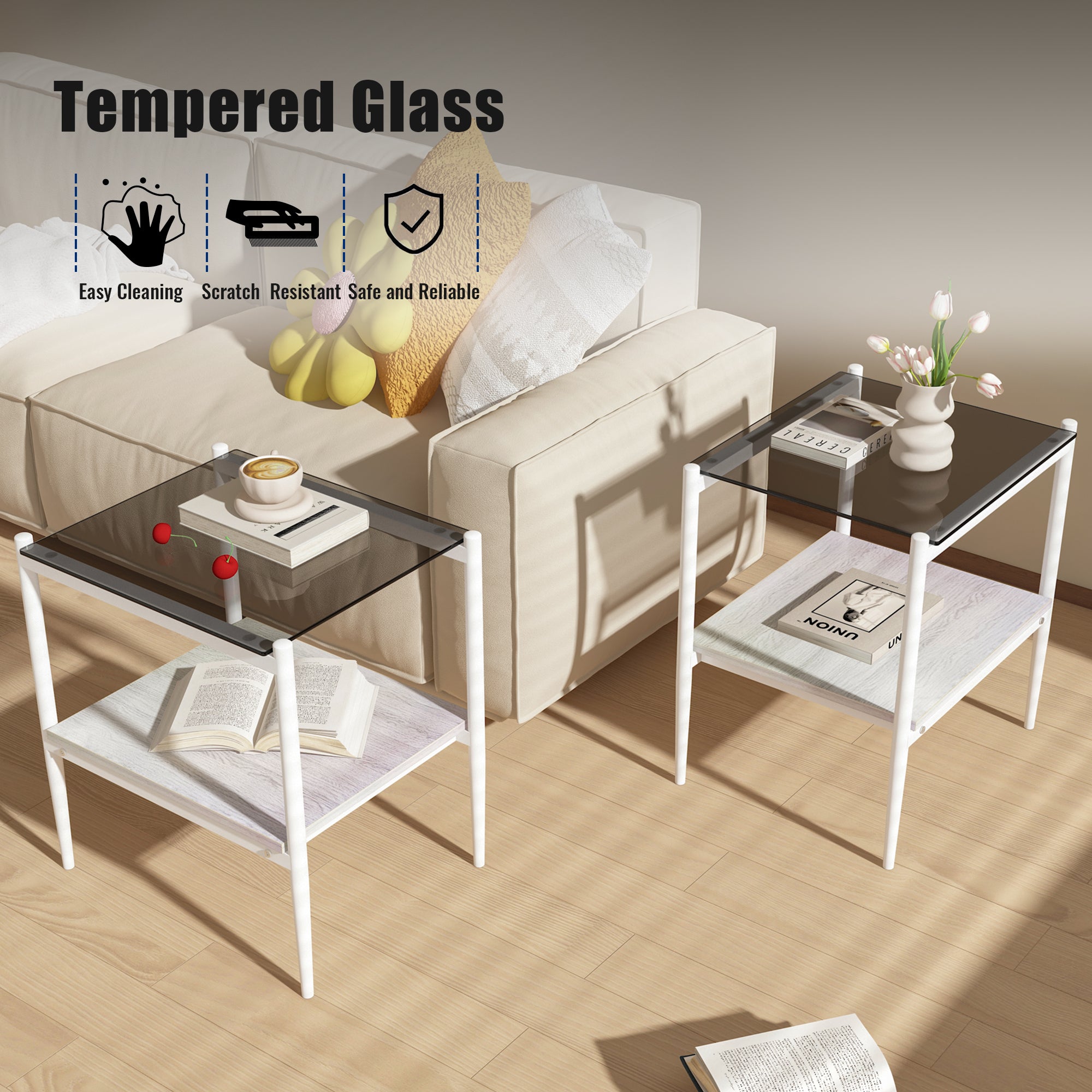 Pefelife Coffee Table Set and End Tables Set with Tempered Glass Tabletop and Metal Frame