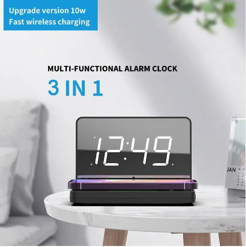 Pefelife Digital Alarm Clock Wireless Charging Table Clock Mirror
