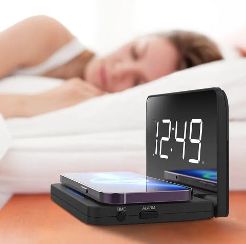 Pefelife Digital Alarm Clock Wireless Charging Table Clock Mirror