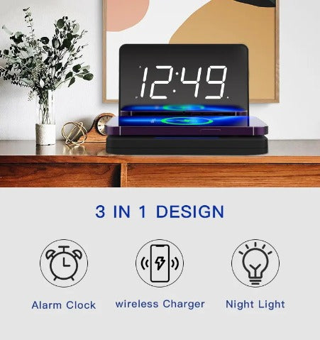 Pefelife Digital Alarm Clock Wireless Charging Table Clock Mirror