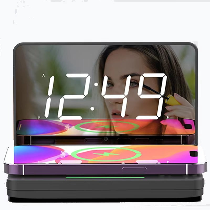 Pefelife Digital Alarm Clock Wireless Charging Table Clock Mirror