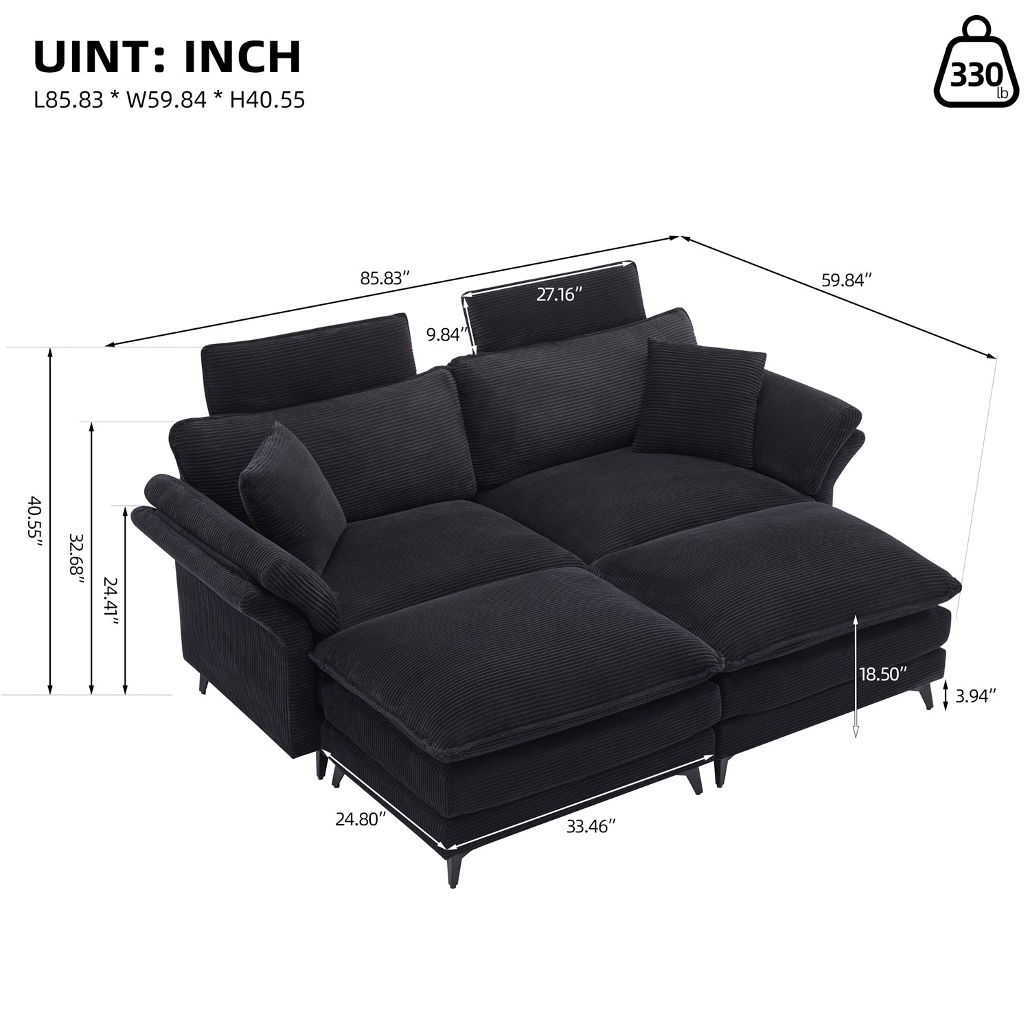 Pefelife Black Oversized, Comfy Corduroy Chaise Lounge Sleeper Chair with Ottoman
