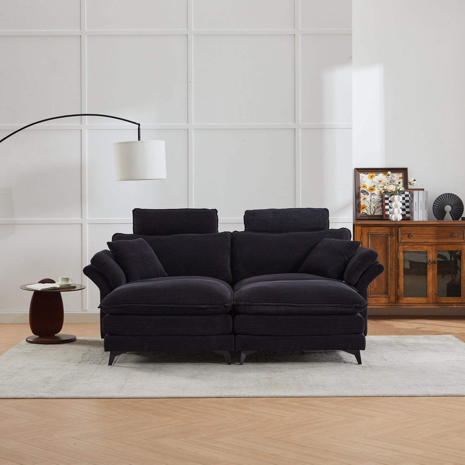 Pefelife Black Oversized, Comfy Corduroy Chaise Lounge Sleeper Chair with Ottoman