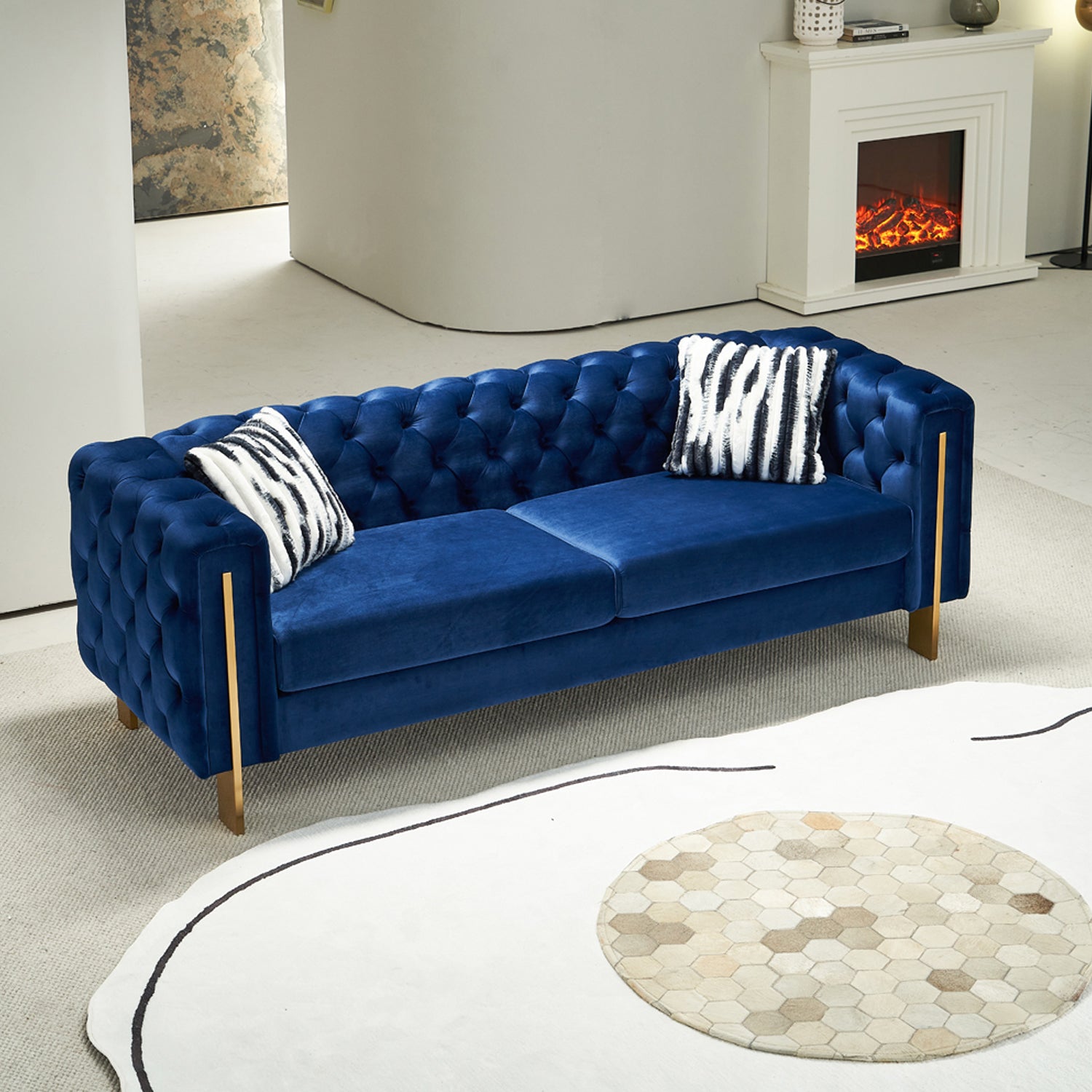 Pefelife Modern Button Tufted Velvet Sofa, Chesterfield Sofa with Square Arm