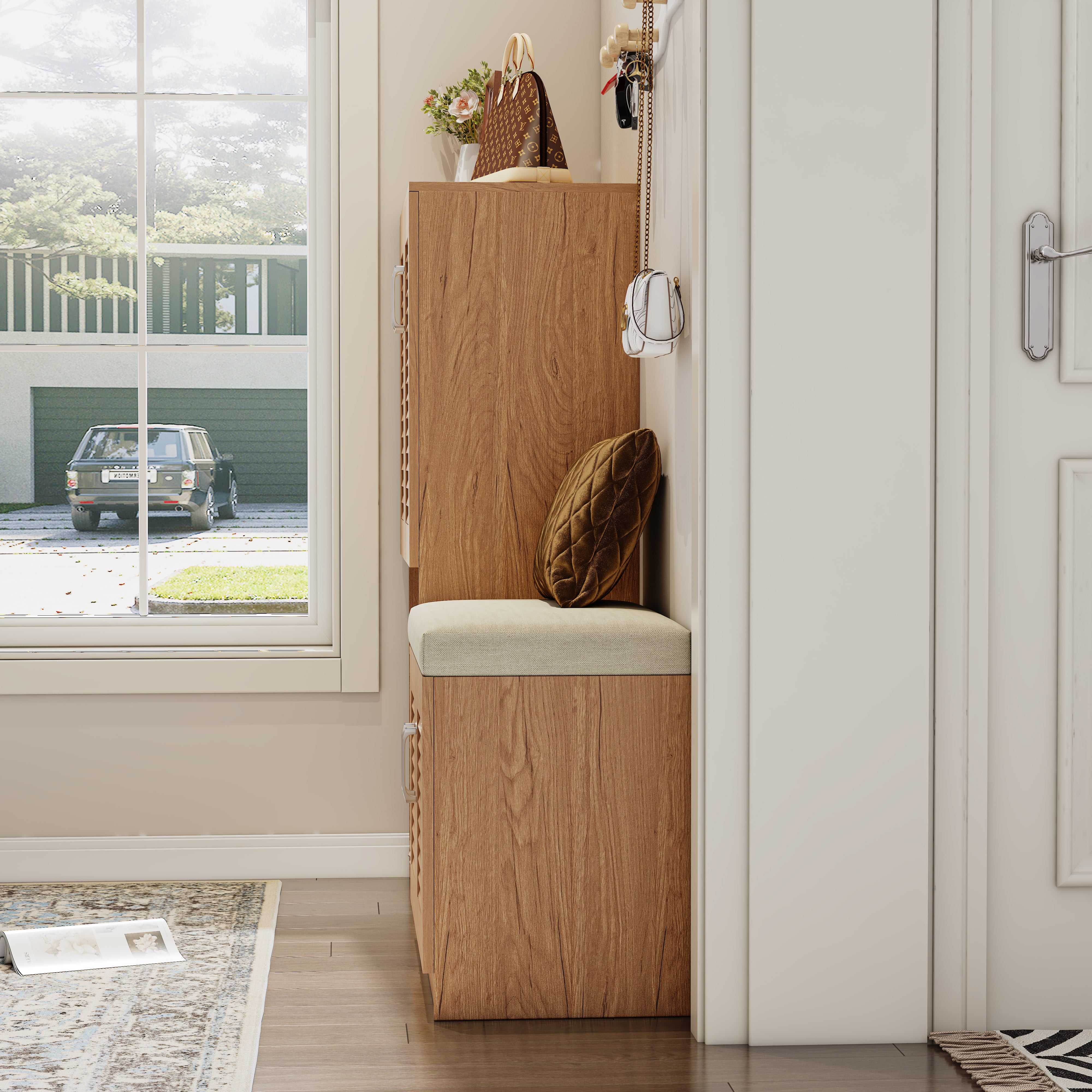 Pefelife 28.74in Shoe Storage Entryway Bench with Adjustable Shelves