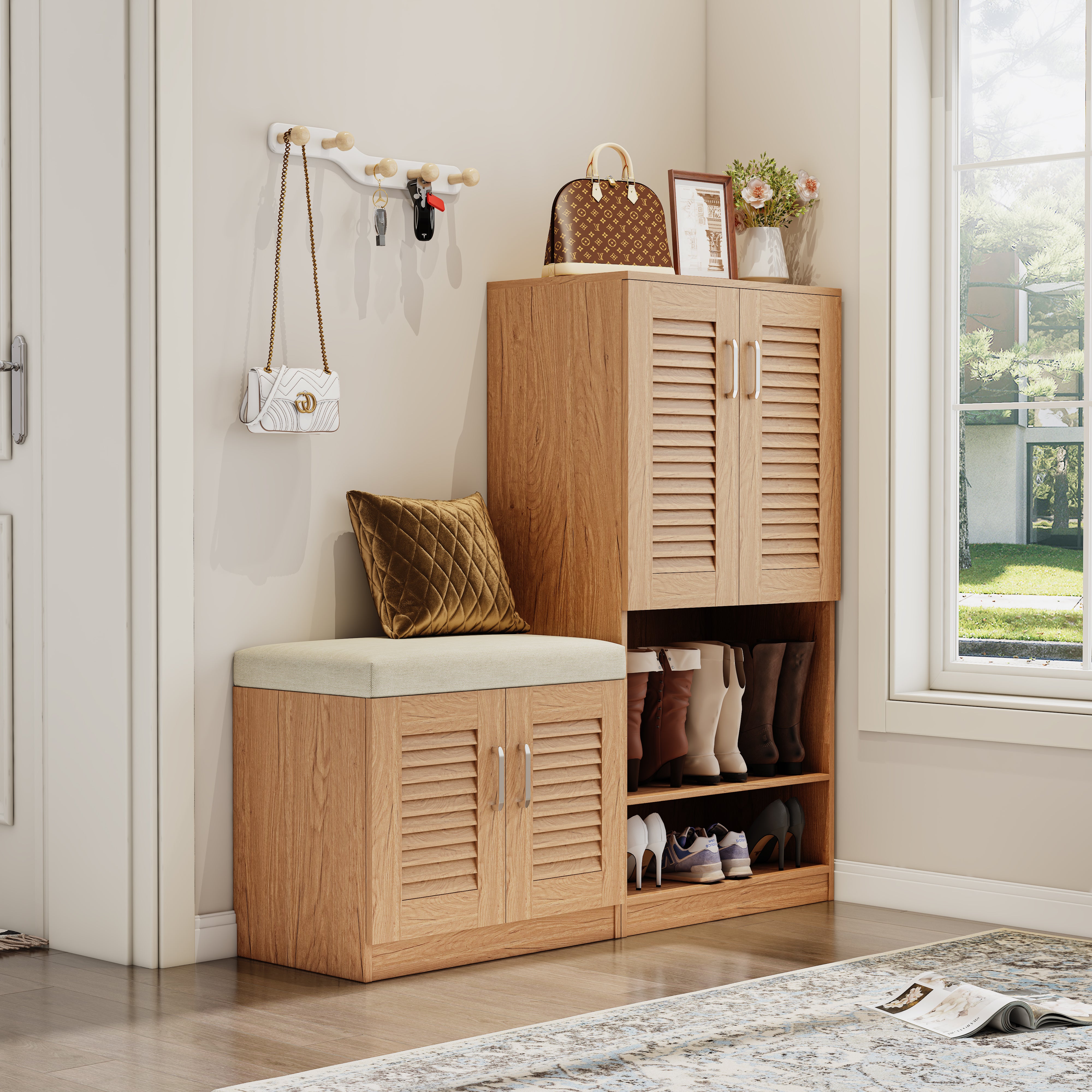 Pefelife 28.74in Shoe Storage Entryway Bench with Adjustable Shelves