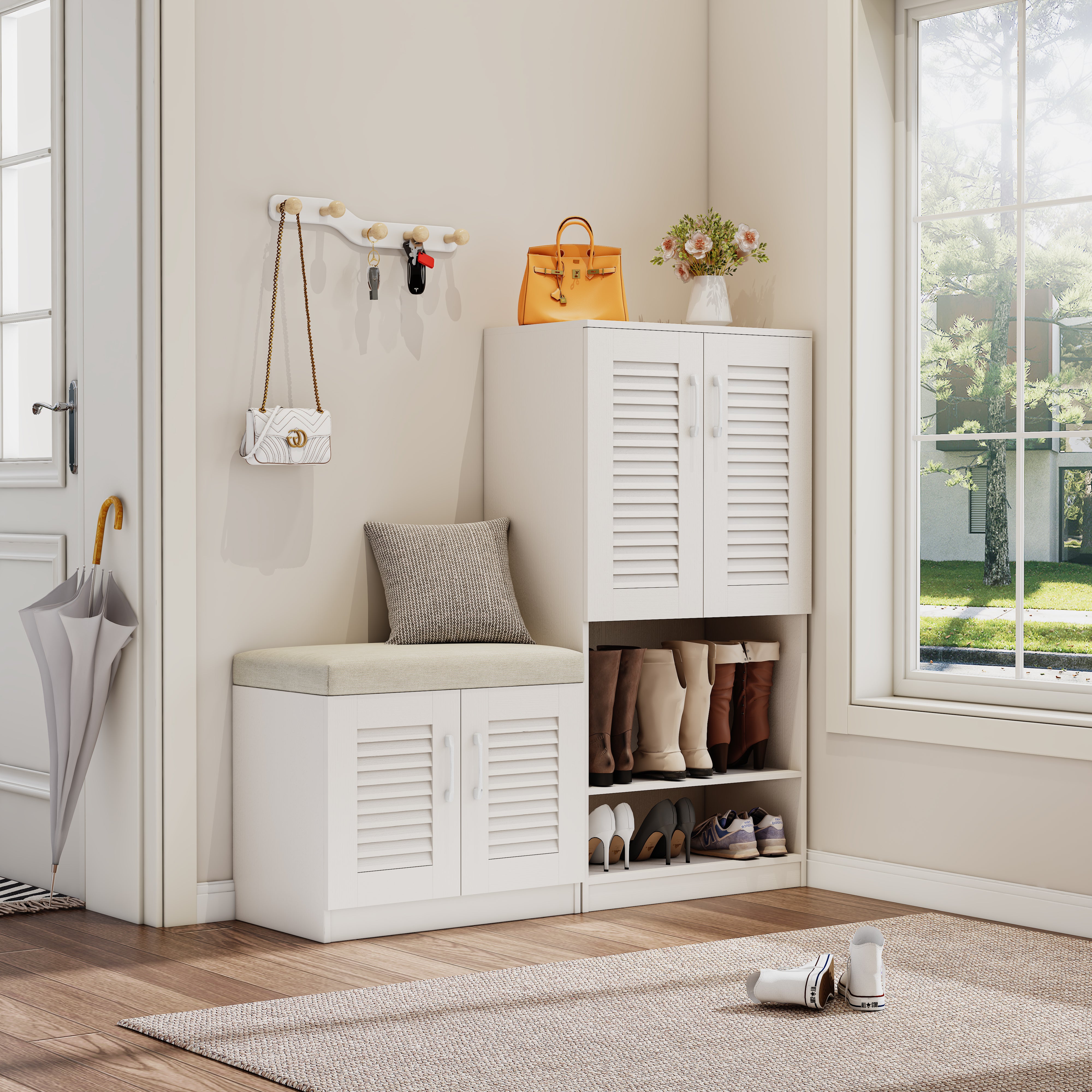 Pefelife 28.74in Shoe Storage Entryway Bench with Adjustable Shelves