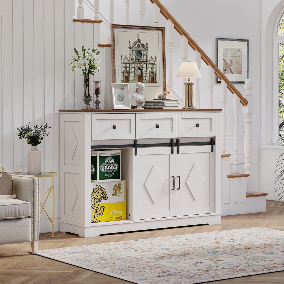 Pefelife Farmhouse Buffet Cabinet, Rustic Wine Bar Cabinet, Antique White