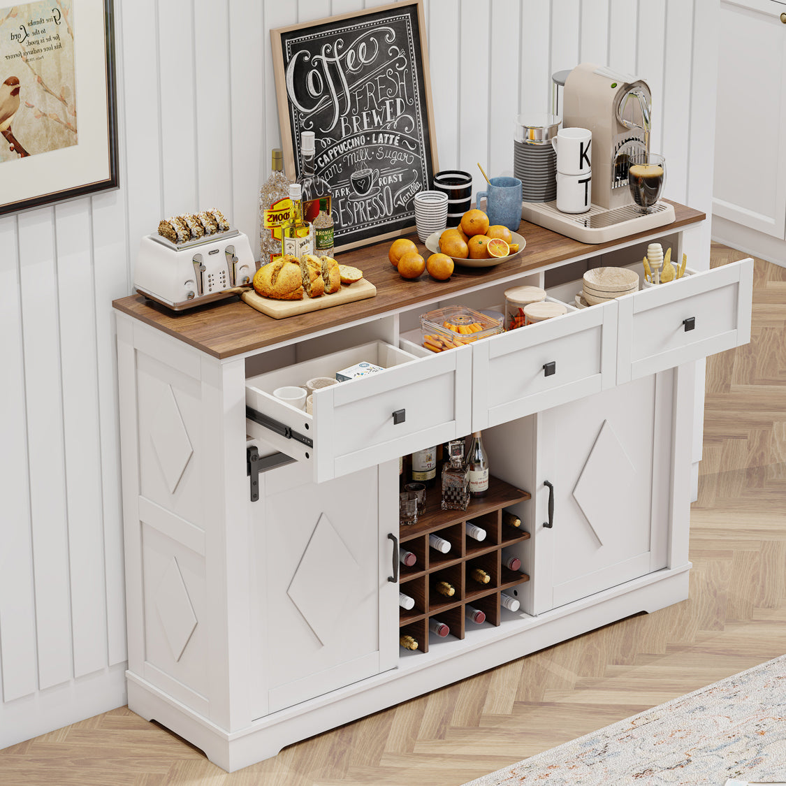 Pefelife Farmhouse Buffet Cabinet, Rustic Wine Bar Cabinet, Antique White