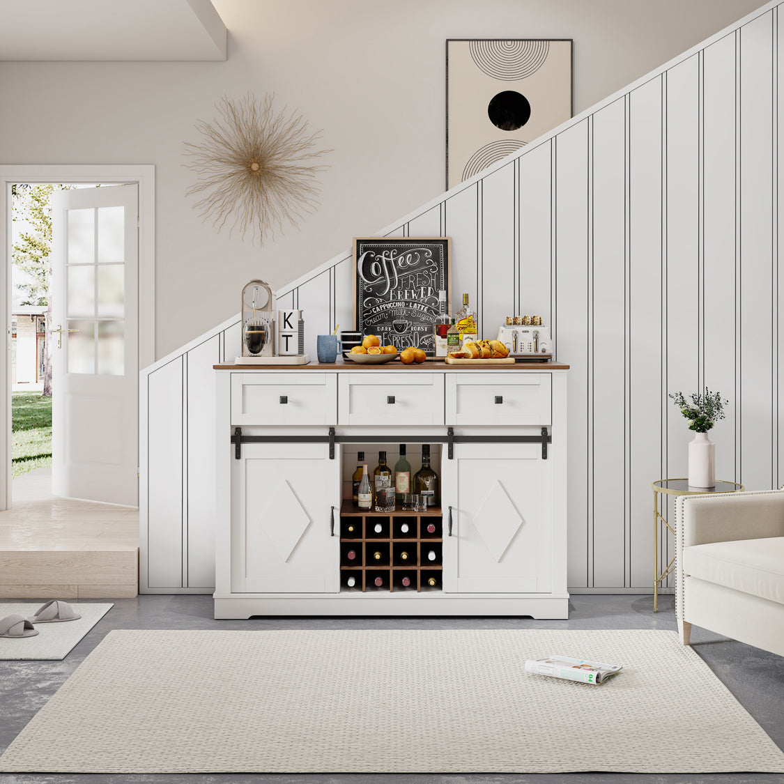Pefelife Farmhouse Buffet Cabinet, Rustic Wine Bar Cabinet, Antique White