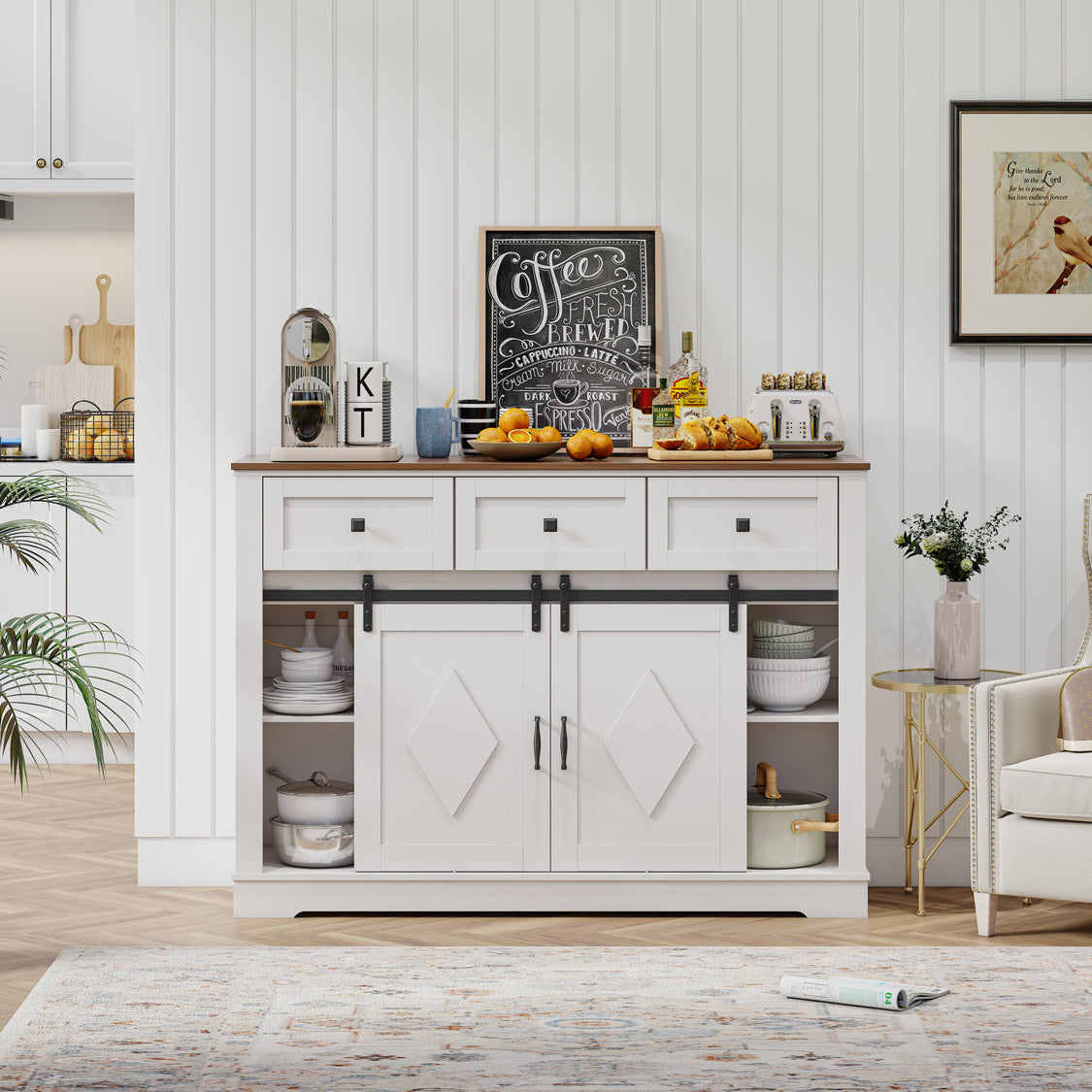 Pefelife Farmhouse Buffet Cabinet, Rustic Wine Bar Cabinet, Antique White