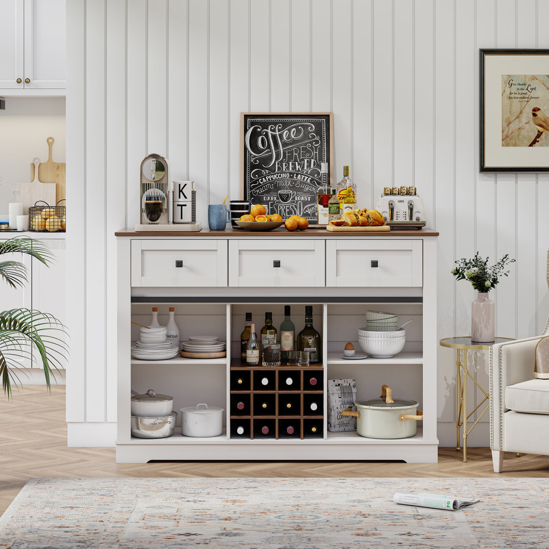 Pefelife Farmhouse Buffet Cabinet, Rustic Wine Bar Cabinet, Antique White