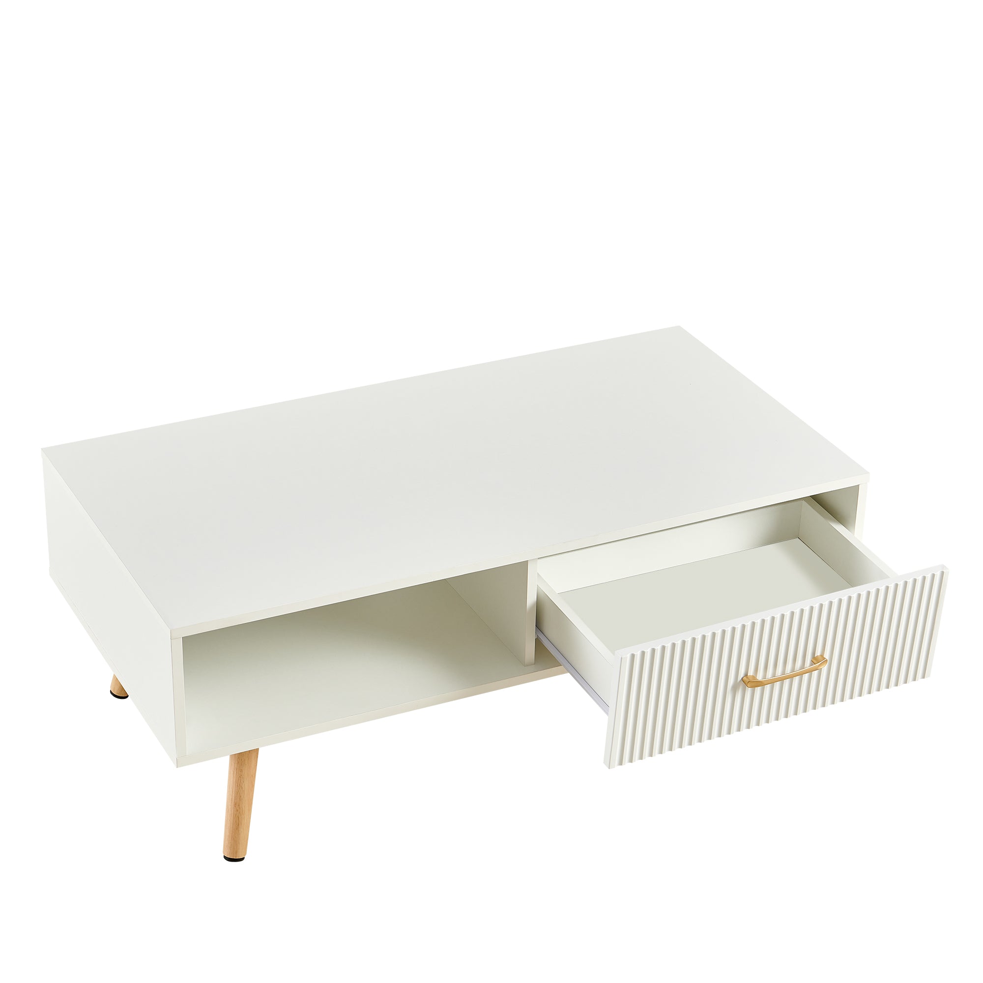 Pefelife Coffee Table with Storage and Sliding Rattan Door Panel, White Tabletop