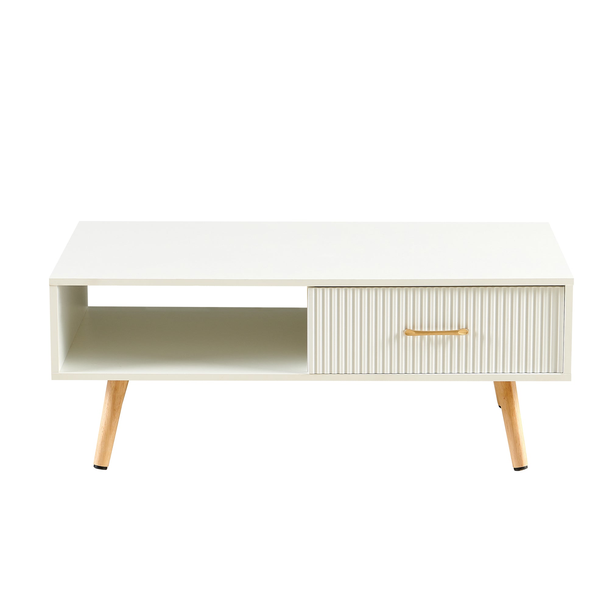 Pefelife Coffee Table with Storage and Sliding Rattan Door Panel, White Tabletop