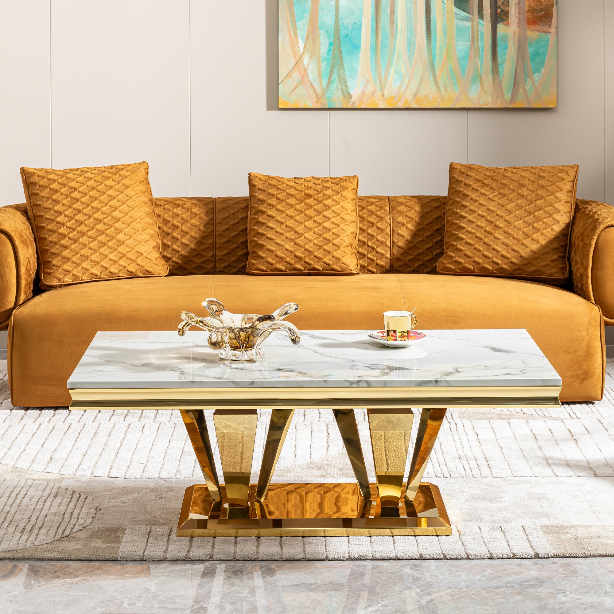 Pefelife Coffee Table, Stainless Steel Base with Gold Mirror Finish Leg