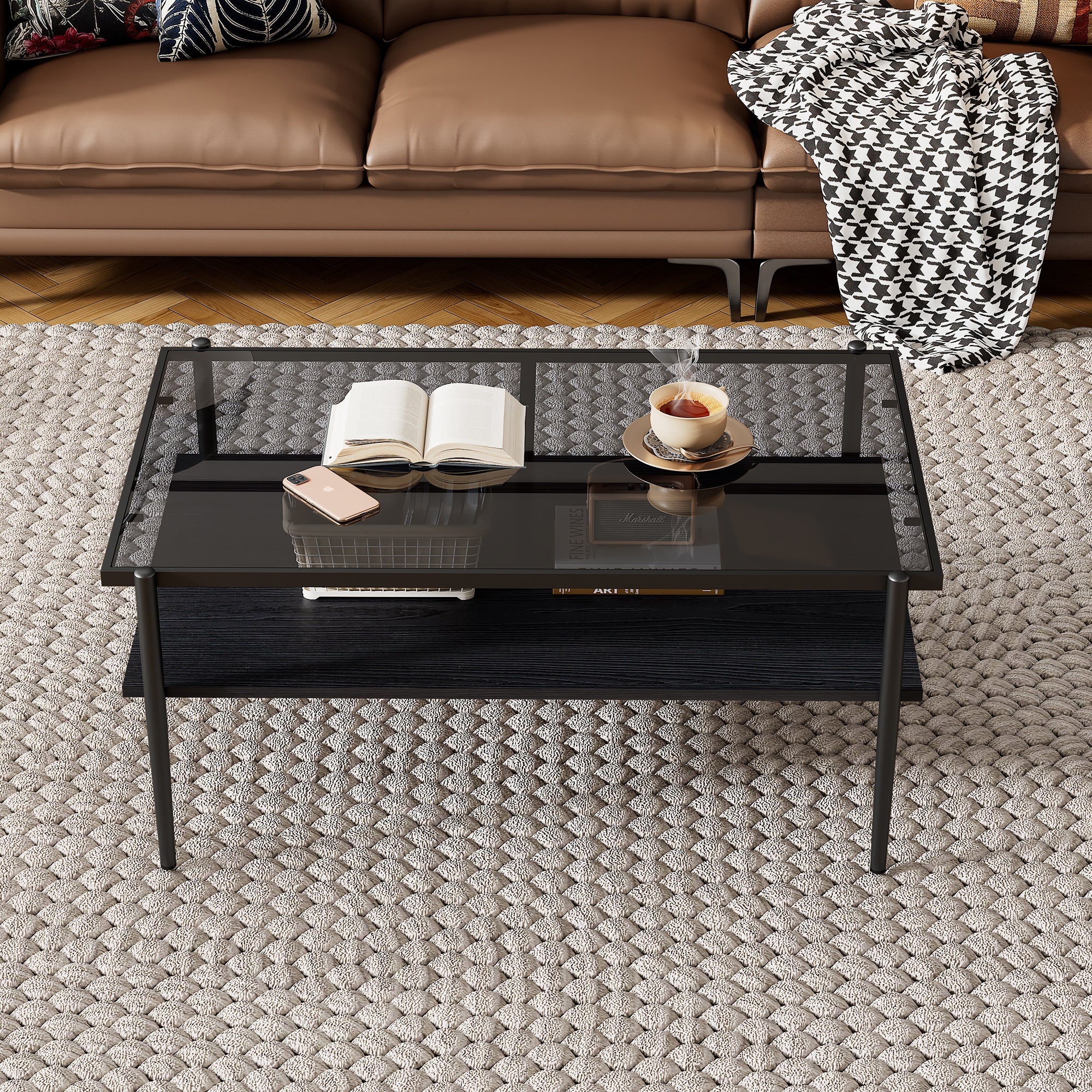Pefelife Rectangular Tempered Glass Coffee Table with Double-Layer Storage Shelf