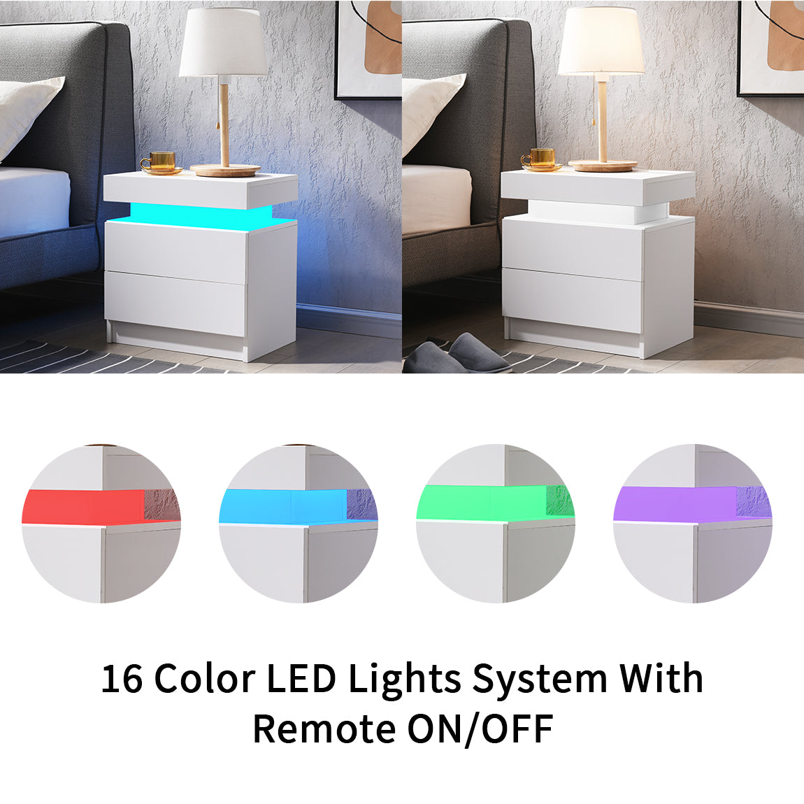 Pefelife Nightstand LED Bedside Table Cabinet Lights Modern