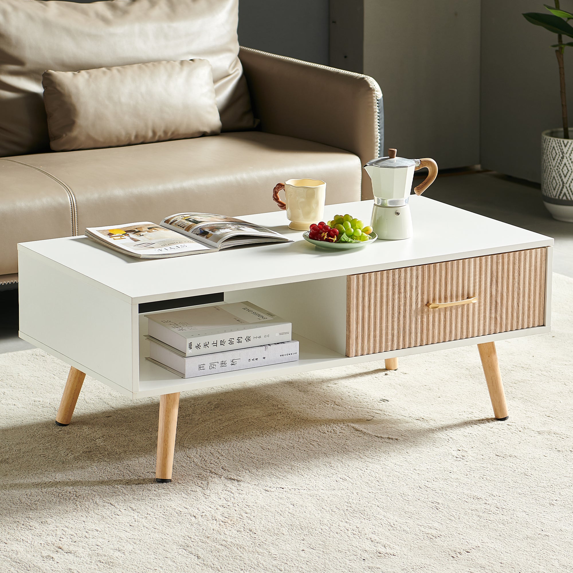 Pefelife Coffee Table with Storage and Sliding Rattan Door Panel, White Tabletop