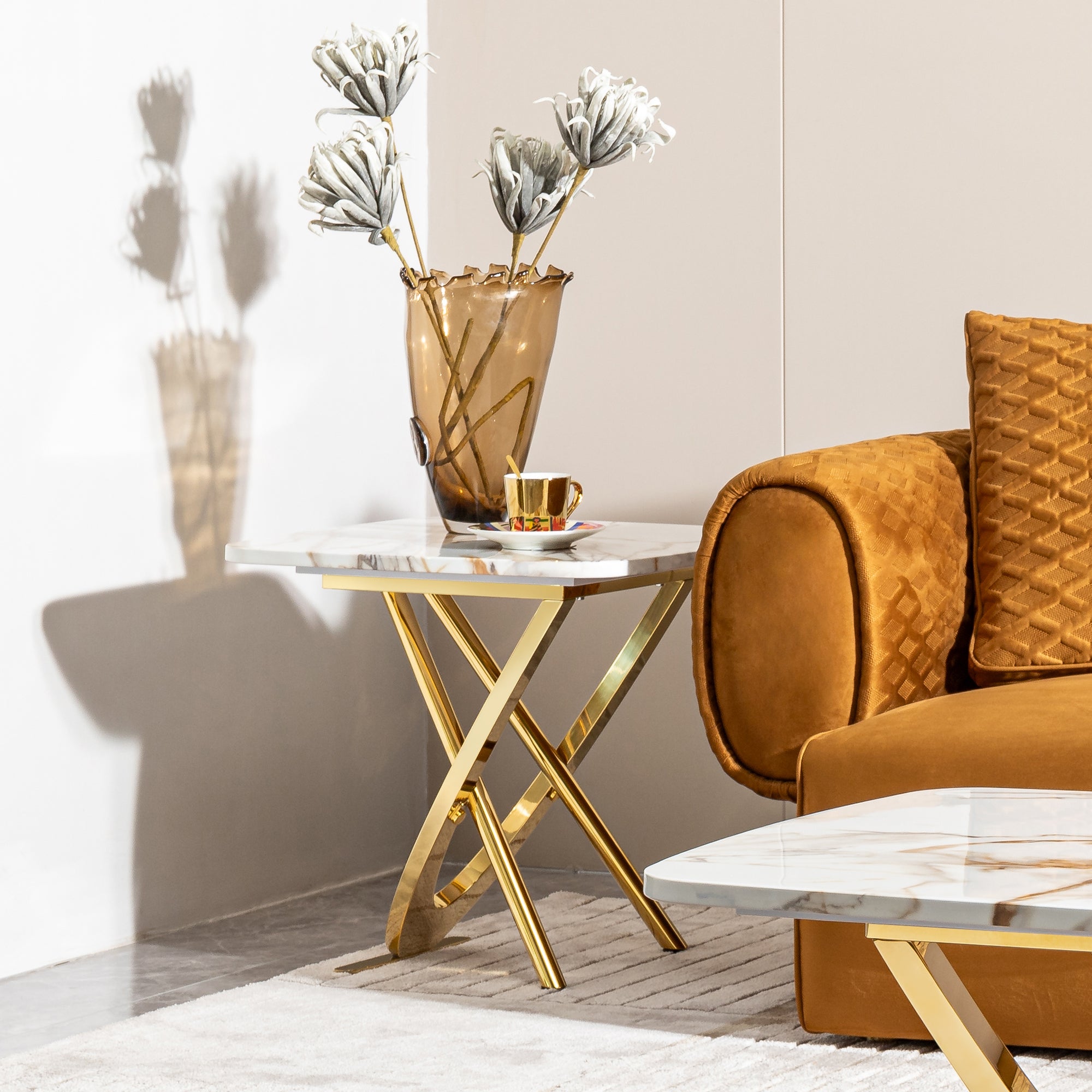 Pefelife Square Living Room Side Tables with Faux Marble Top