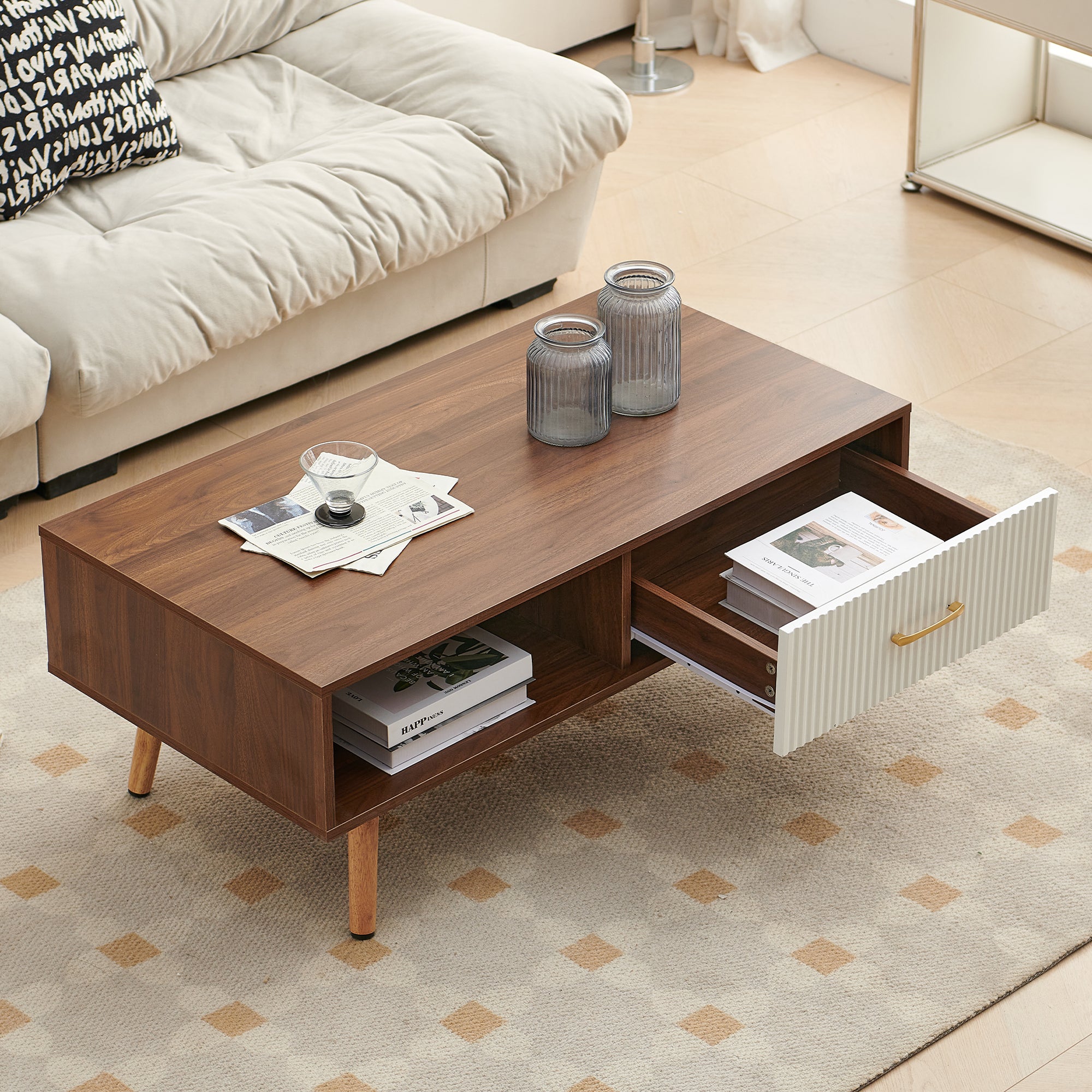 Pefelife Coffee Table with Storage and Sliding Rattan Door Panel, Walnut Tabletop