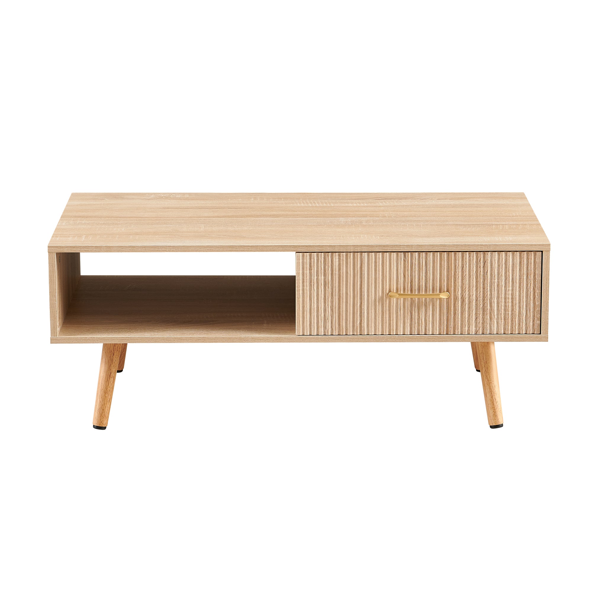 Pefelife Coffee Table with Storage and Sliding Rattan Door Panel, Natural Tabletop