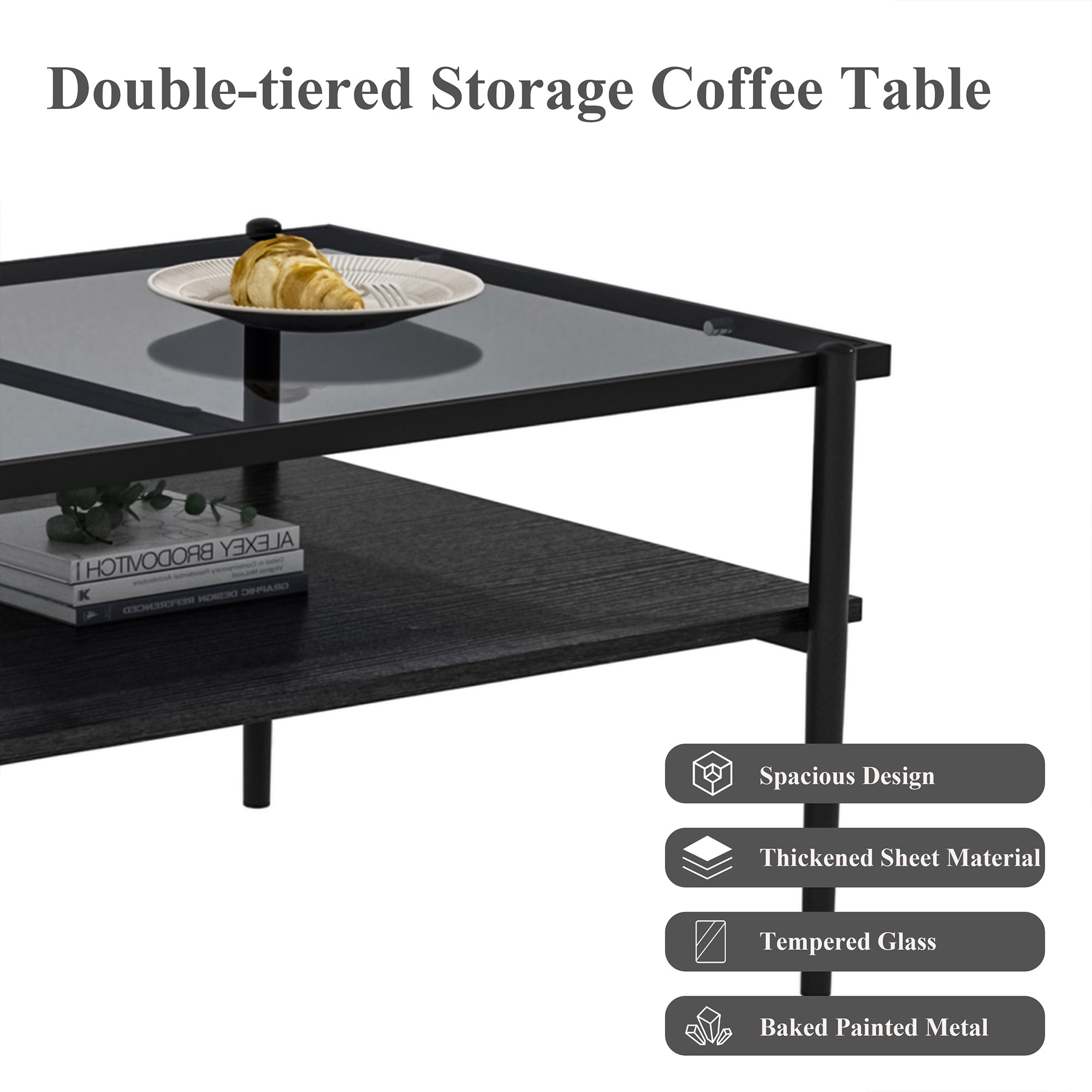 Pefelife Rectangular Tempered Glass Coffee Table with Double-Layer Storage Shelf
