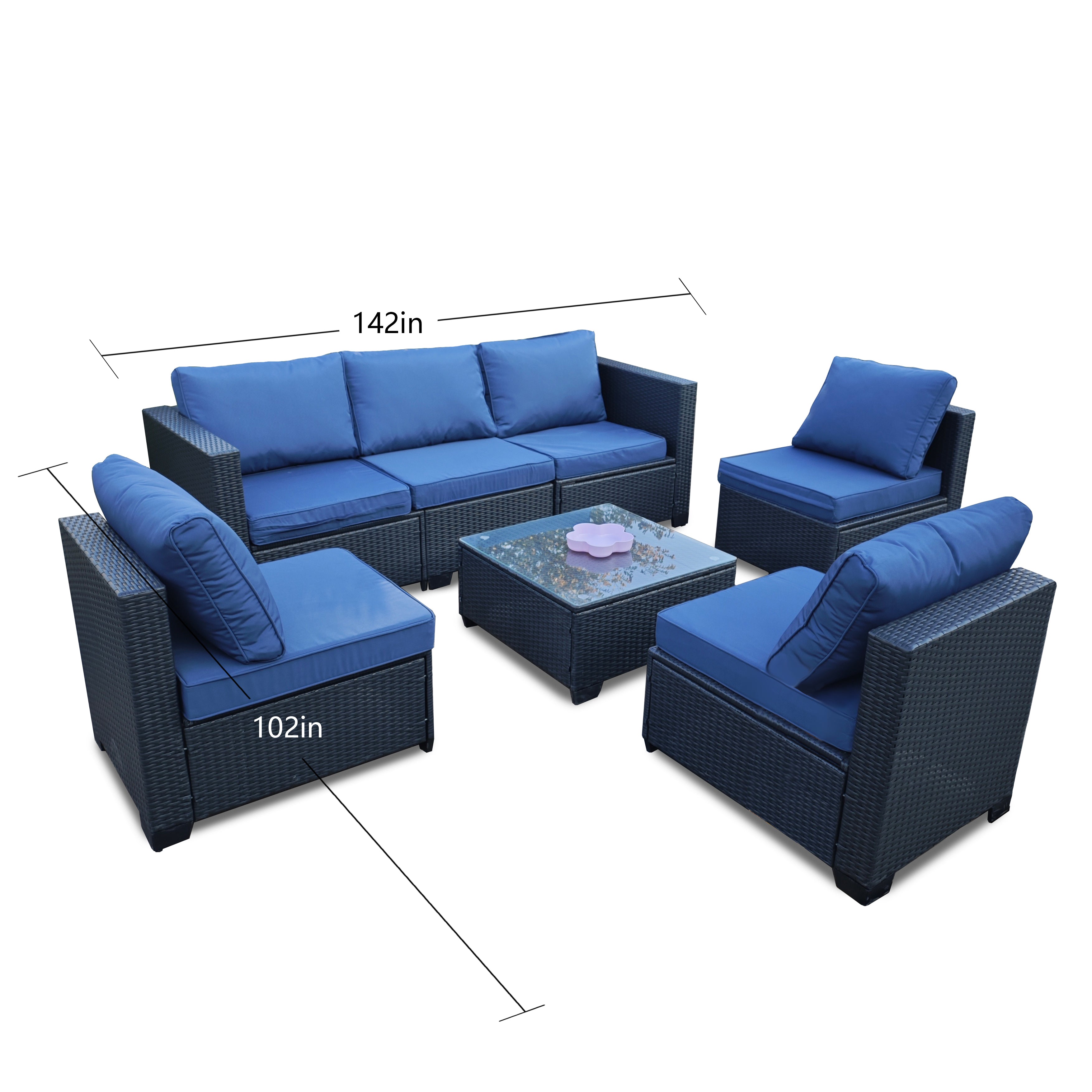 Pefelife 7PCS Patio Rattan Furniture Set Sofa Coffee Table Ottoman Navy