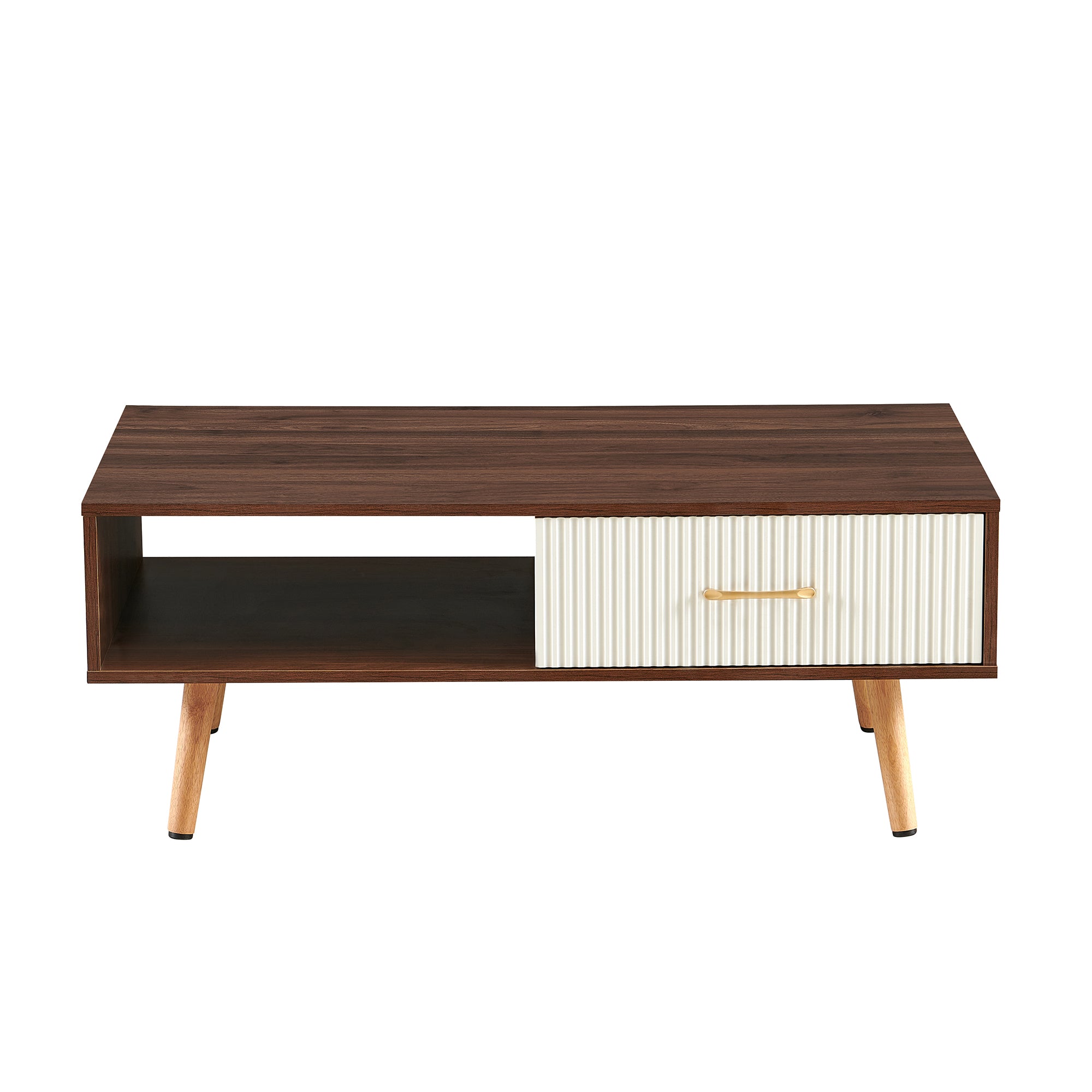 Pefelife Coffee Table with Storage and Sliding Rattan Door Panel, Walnut Tabletop