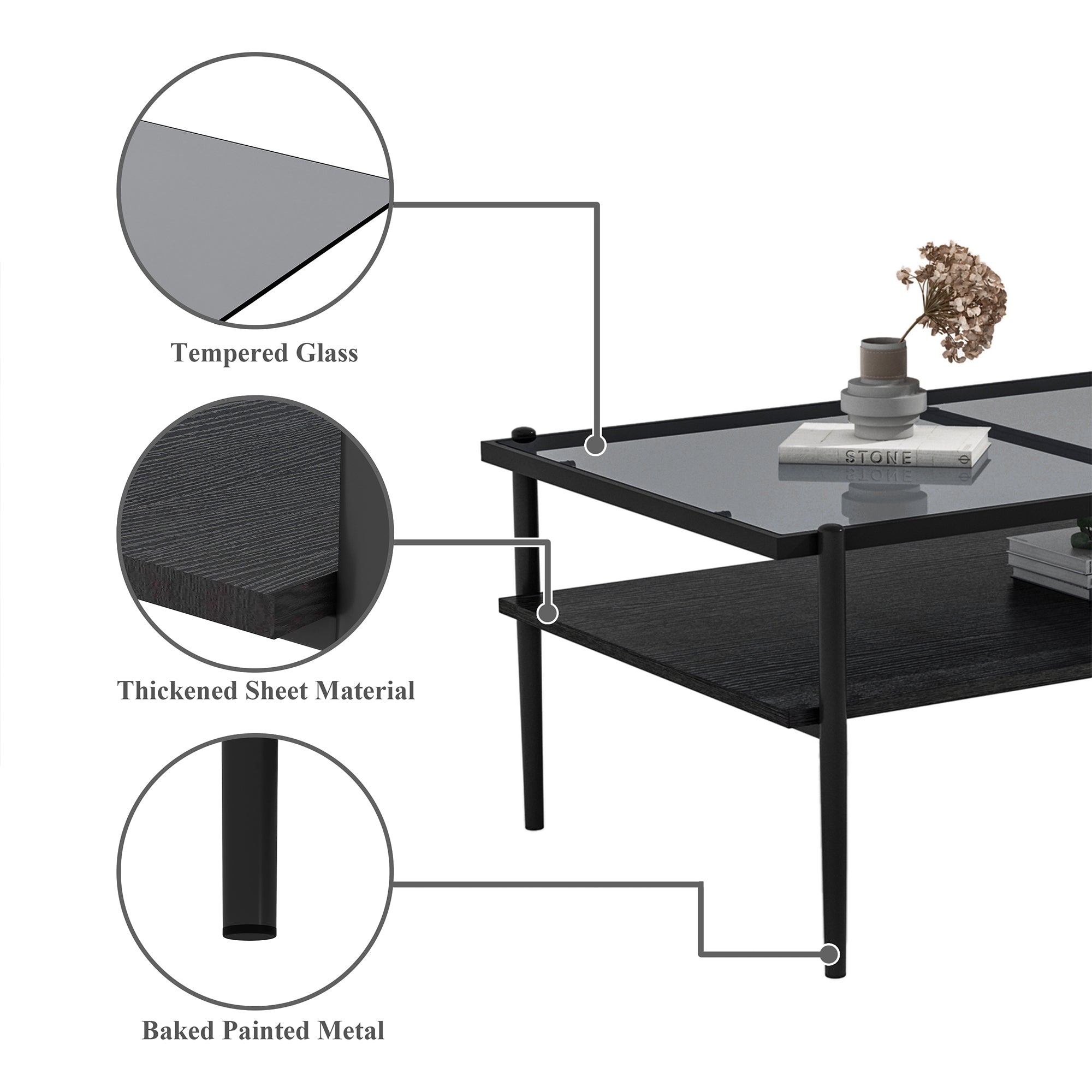 Pefelife Rectangular Tempered Glass Coffee Table with Double-Layer Storage Shelf