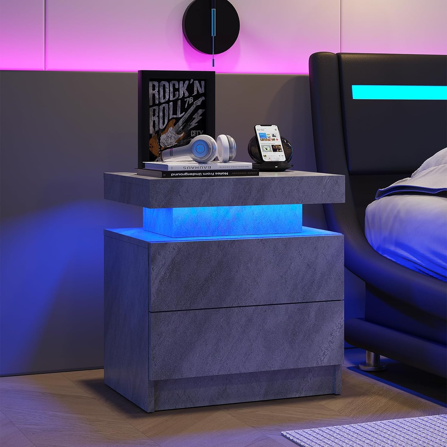 Pefelife Marble Nightstand LED Bedside Table Cabinet Lights Modern
