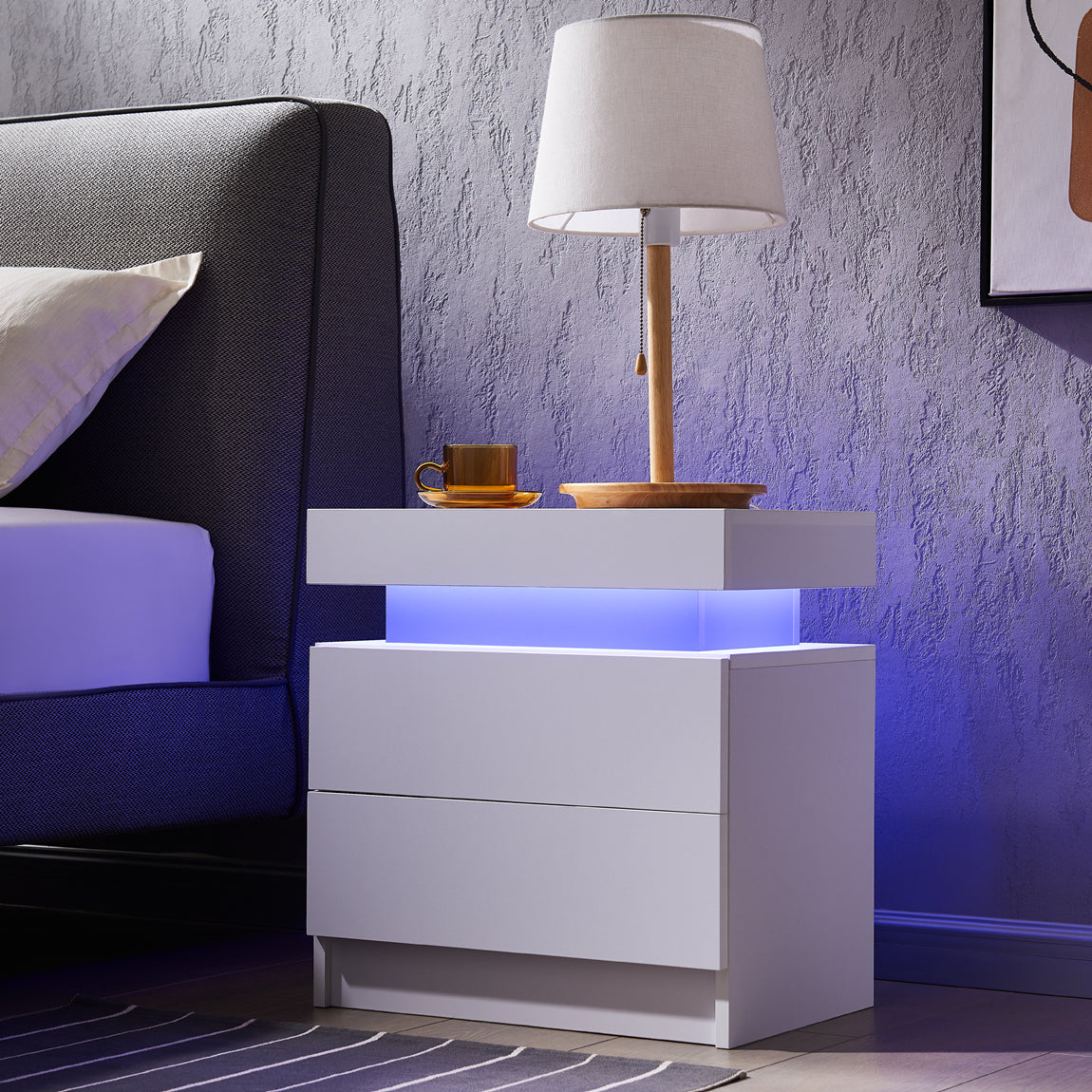 Pefelife Nightstand LED Bedside Table Cabinet Lights Modern