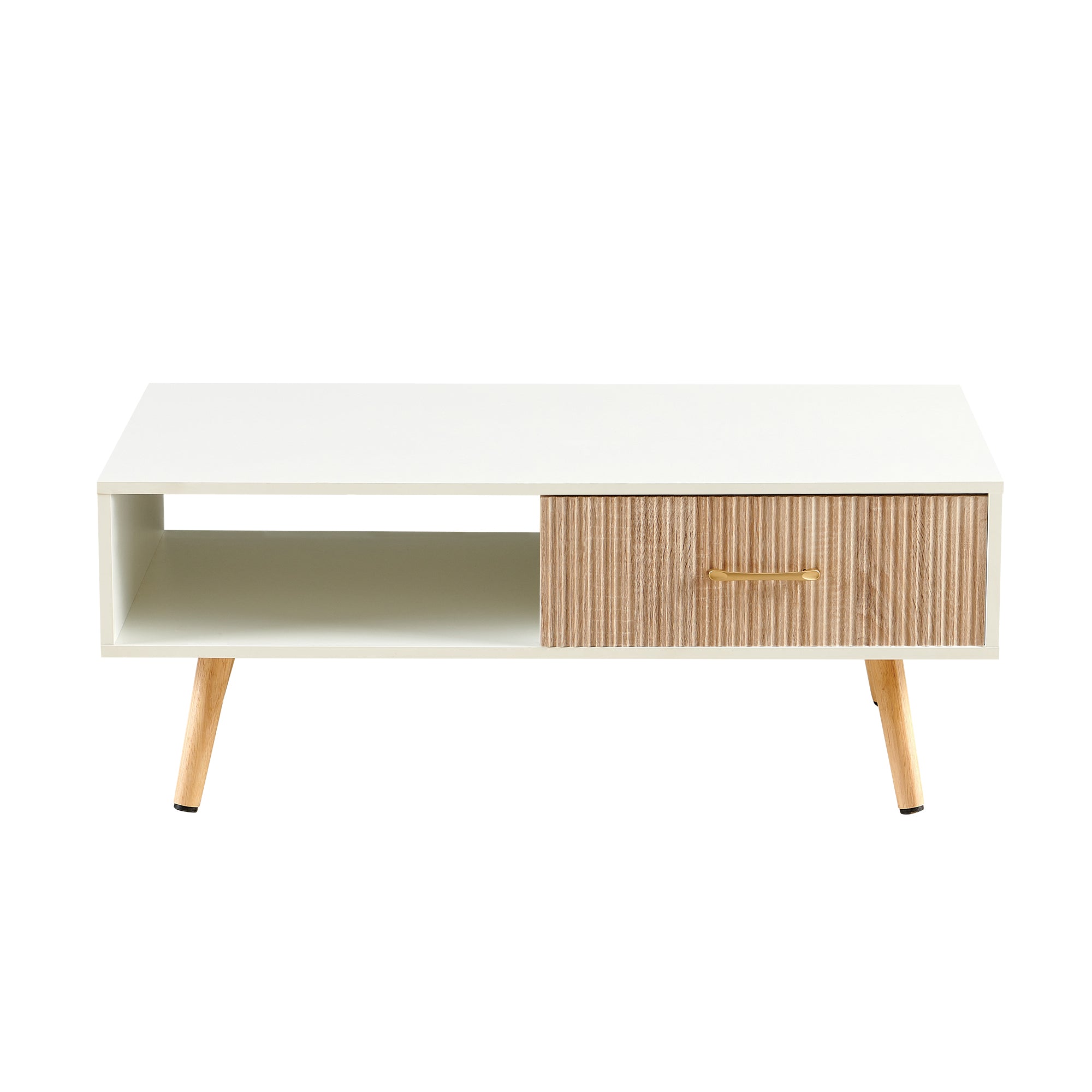 Pefelife Coffee Table with Storage and Sliding Rattan Door Panel, White Tabletop